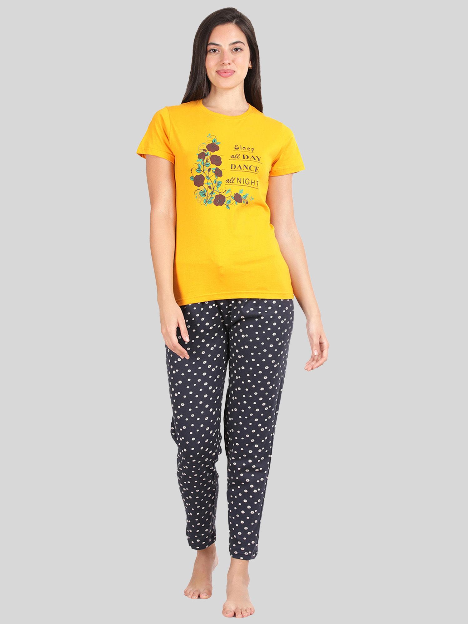 womens cotton mustard and navy relaxed fit pyjama (set of 2)