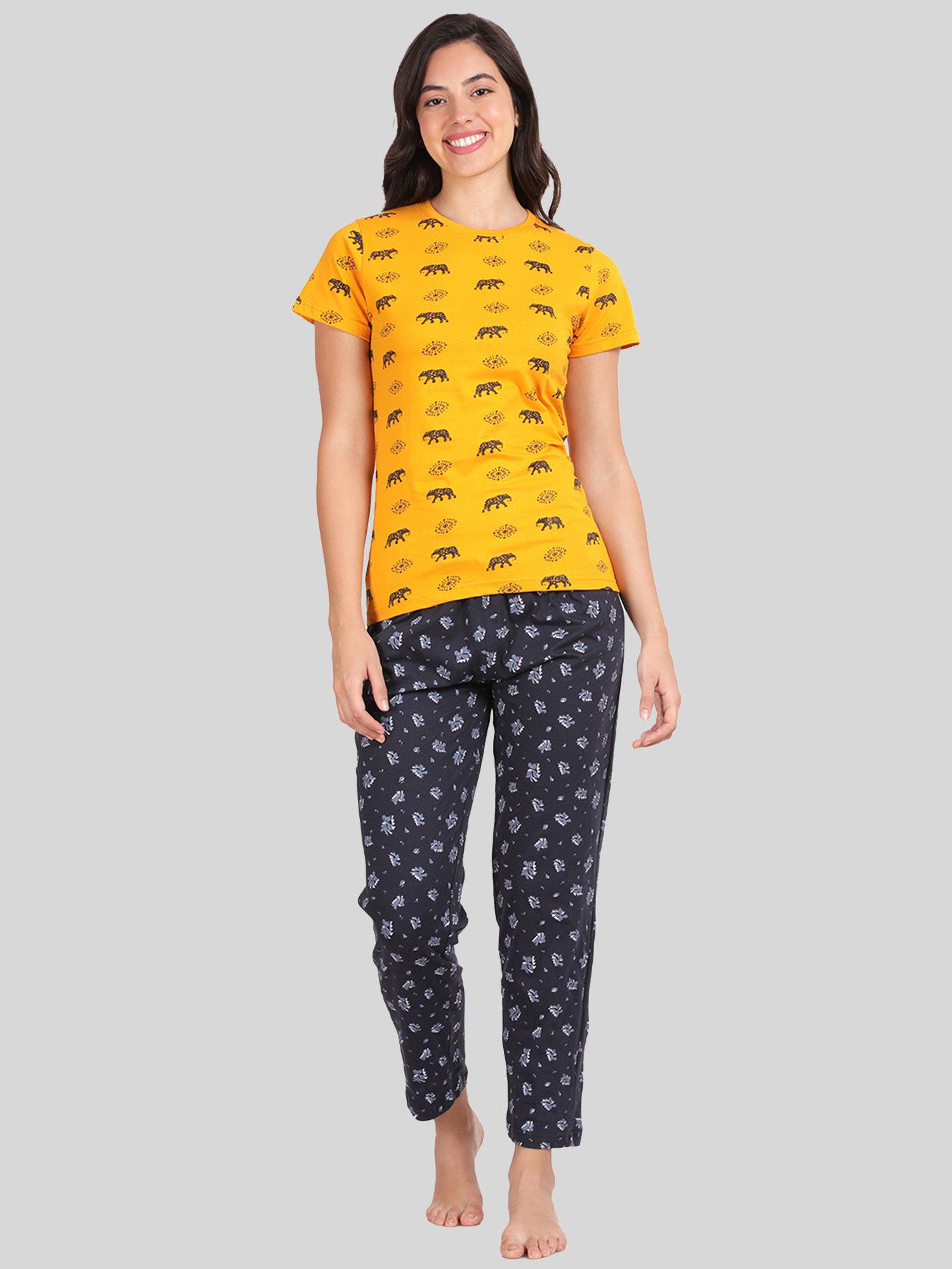 womens cotton mustard and navy relaxed fit pyjama (set of 2)