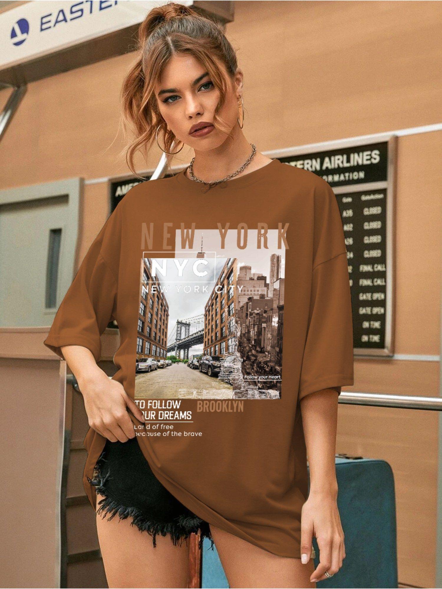 womens cotton oversized fit half sleeves brown outdoor t-shirt