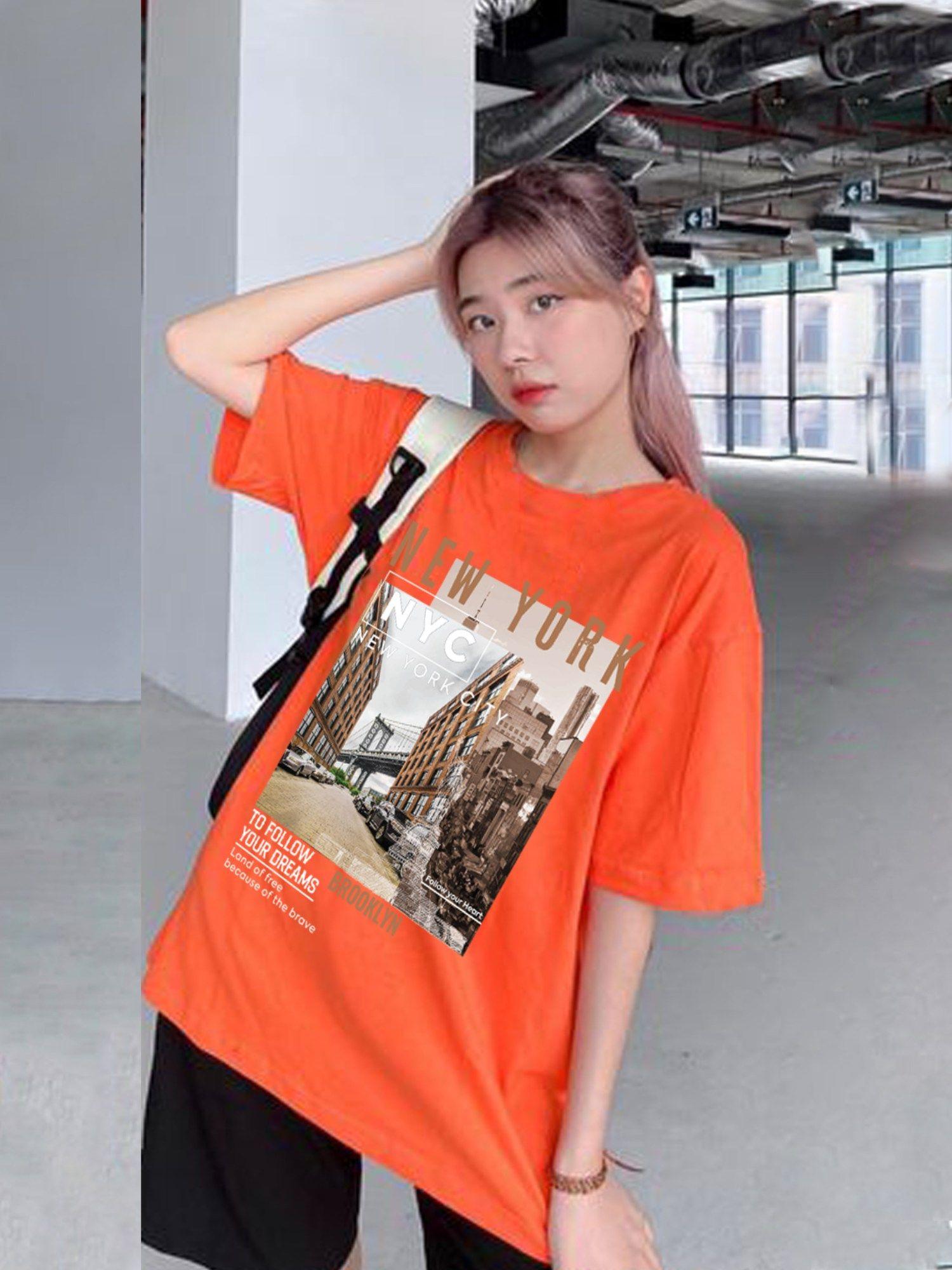 womens cotton oversized fit half sleeves orange outdoor t-shirt