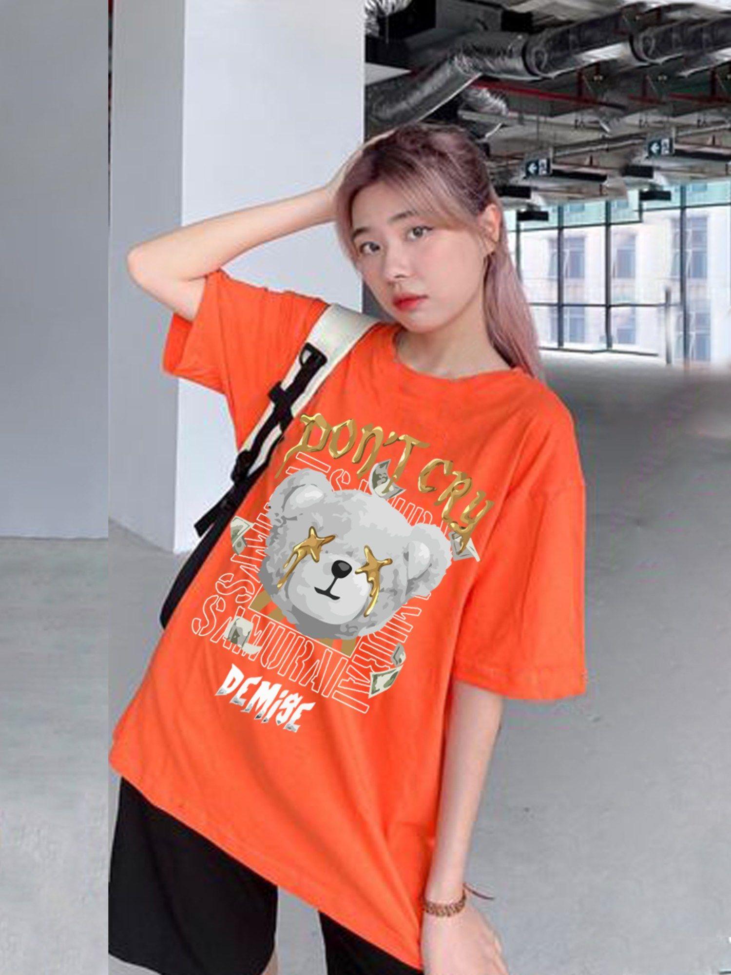 womens cotton oversized fit half sleeves orange outdoor t-shirt