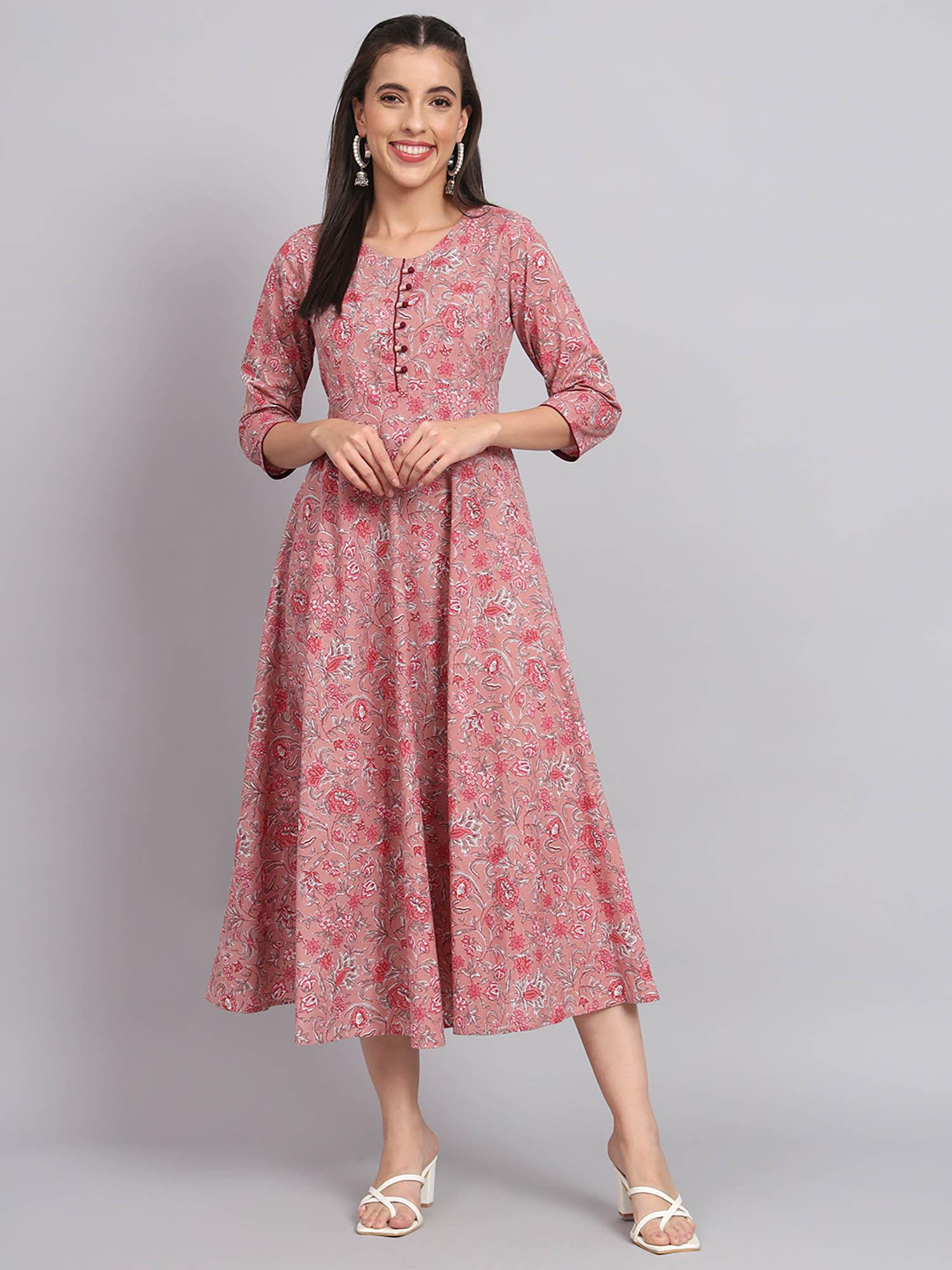 womens cotton pink floral printed flared dress