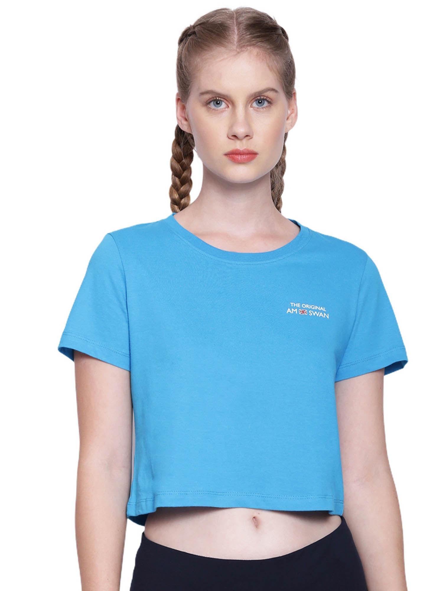 womens cotton printed half sleeve crop t-shirts blue