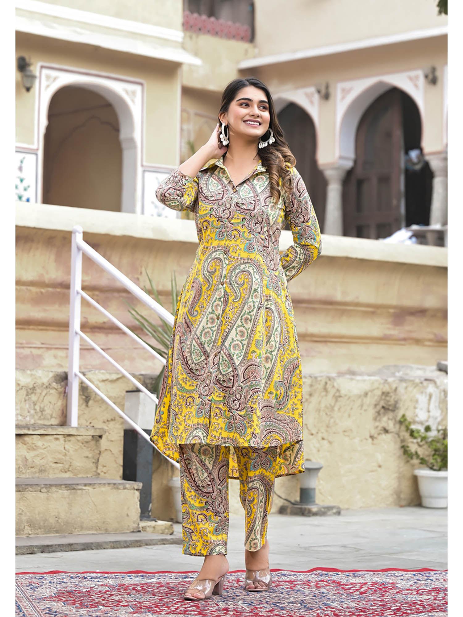 womens cotton printed kurta with trousers-yellow (set of 2)