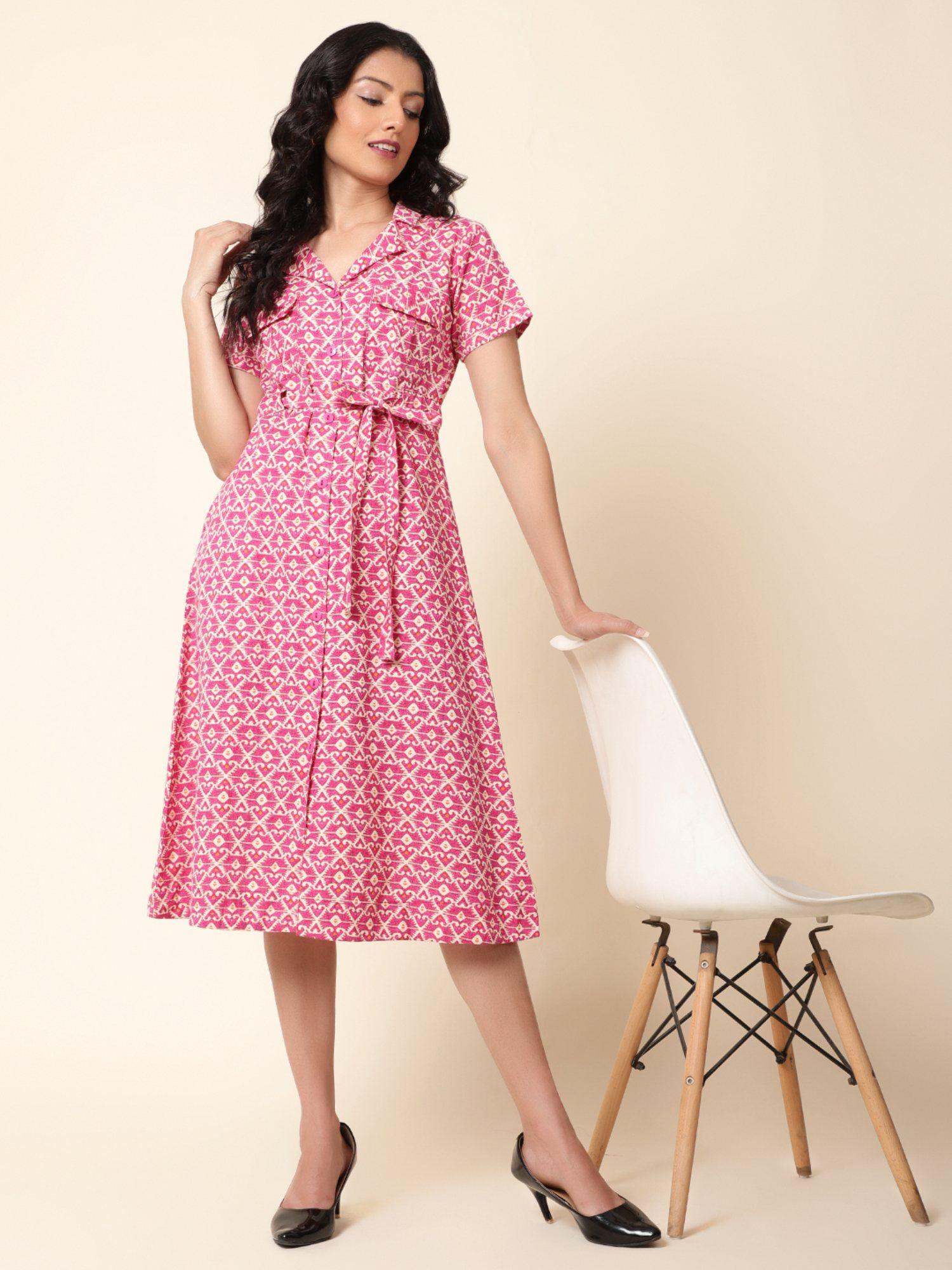 womens cotton printed midi dress pink