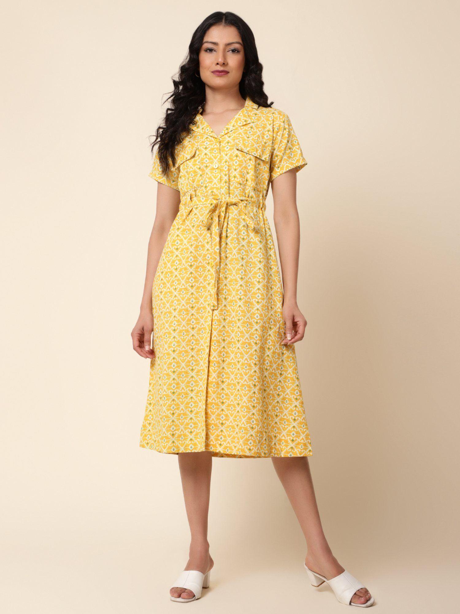 womens cotton printed midi dress yellow