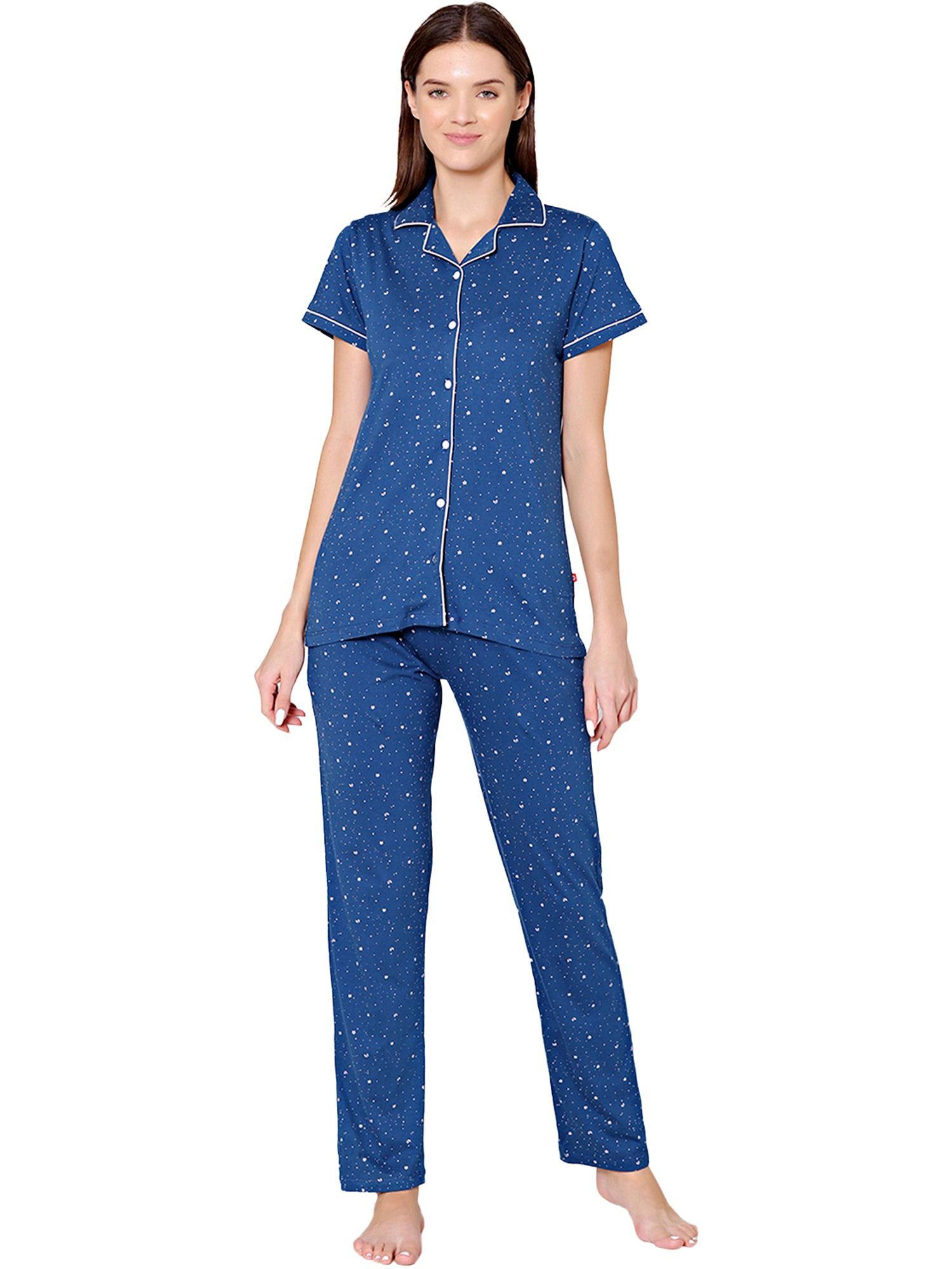 womens cotton printed night suit of shirt & pyjama -bsns18001 blue (set of 2)