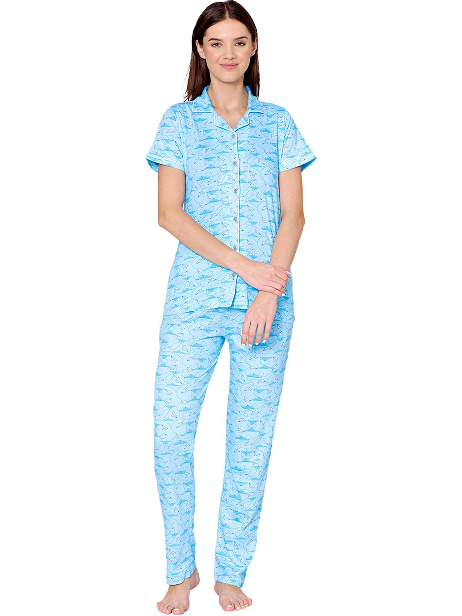 womens cotton printed night suit of shirt & pyjama -bsns18002 blue (set of 2)