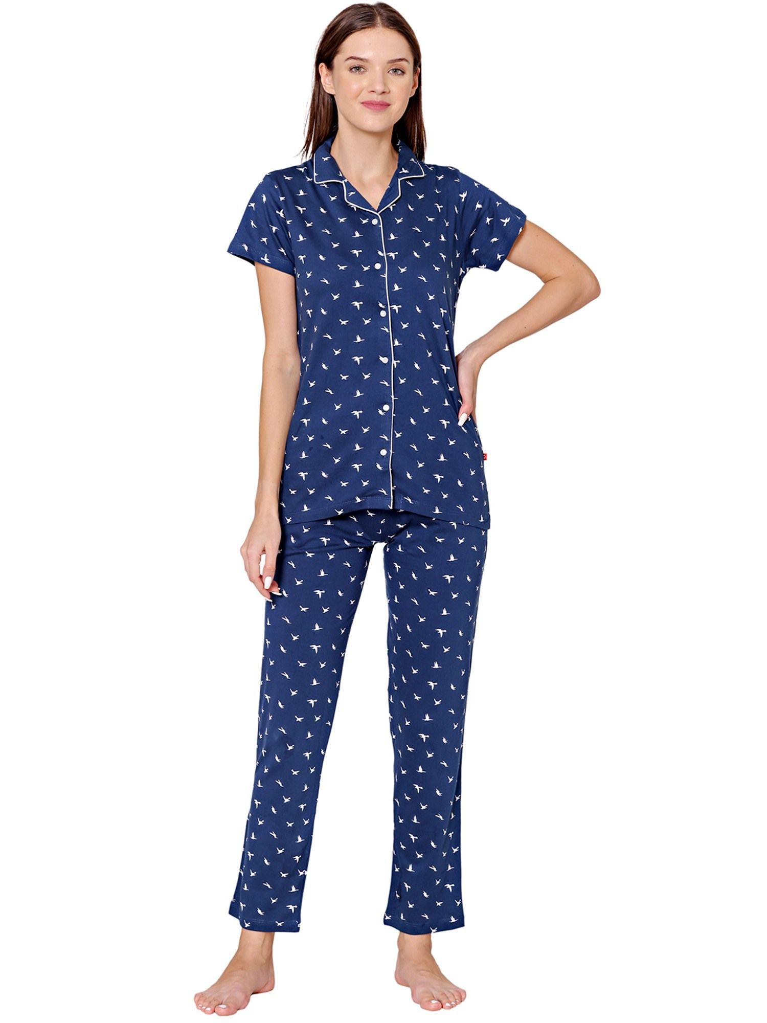 womens cotton printed night suit of shirt & pyjama -bsns18003 navy blue (set of 2)