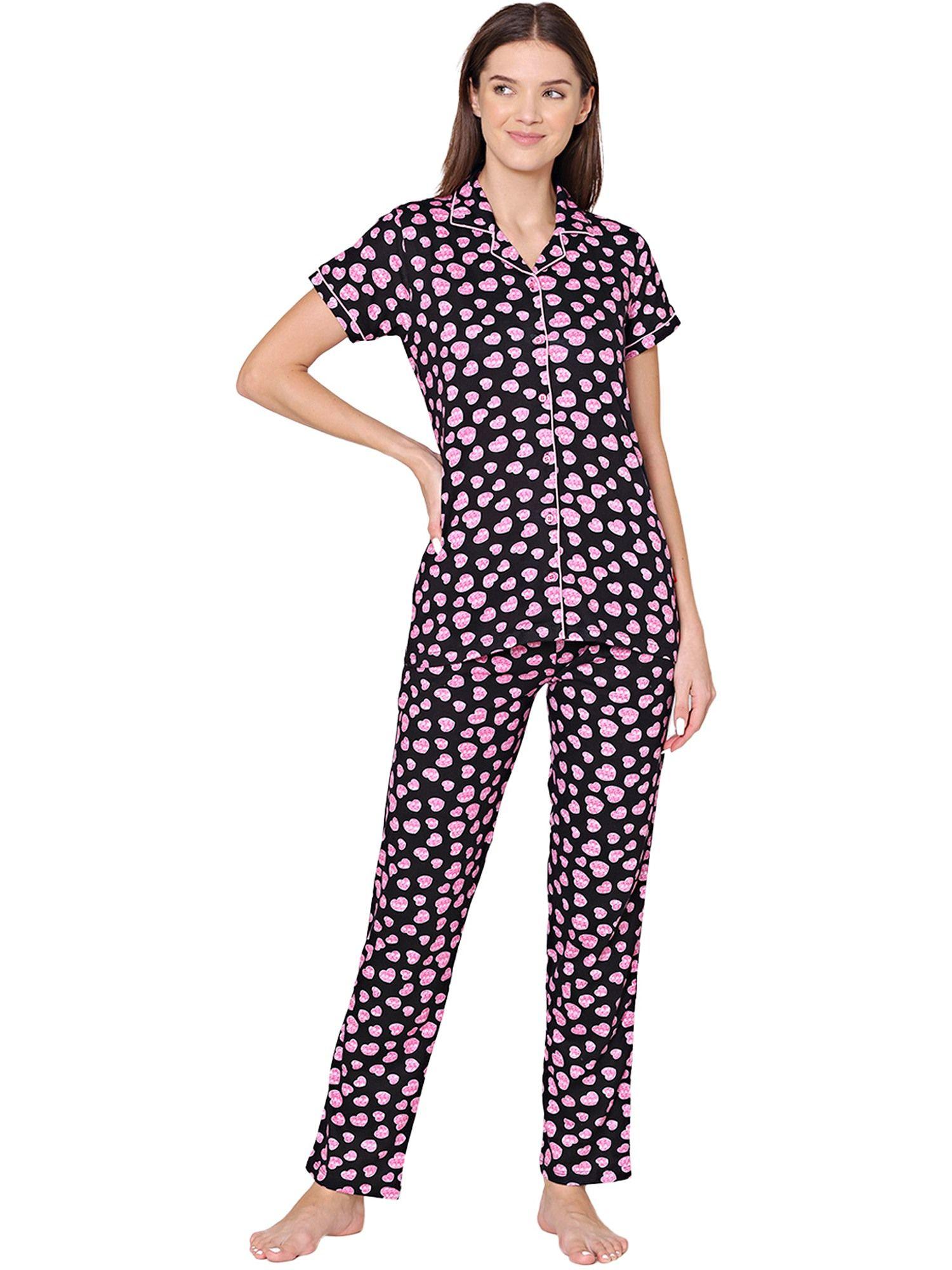 womens cotton printed night suit of shirt & pyjama -bsns18004 black (set of 2)