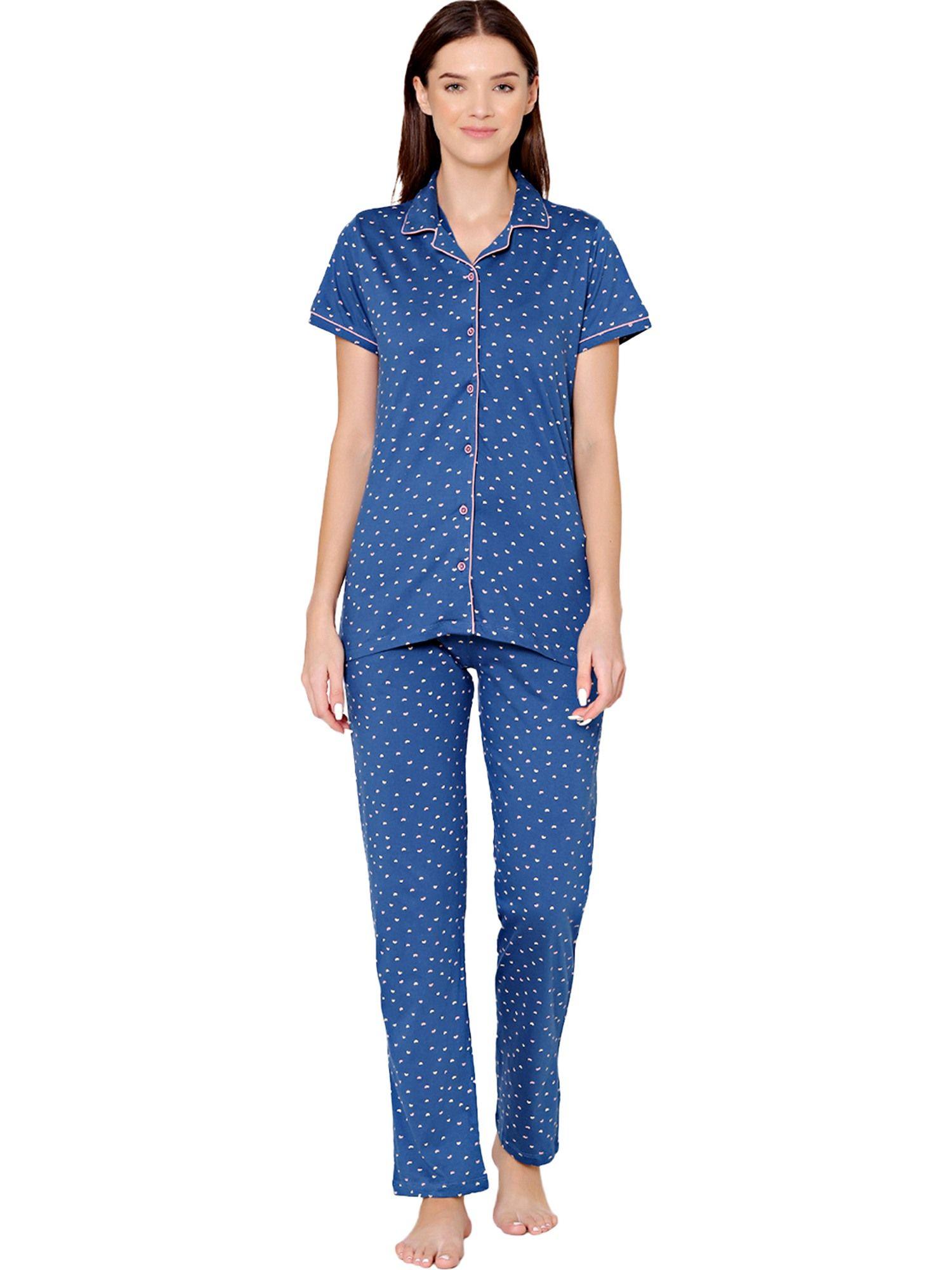 womens cotton printed night suit of shirt & pyjama -bsns18005 blue (set of 2)