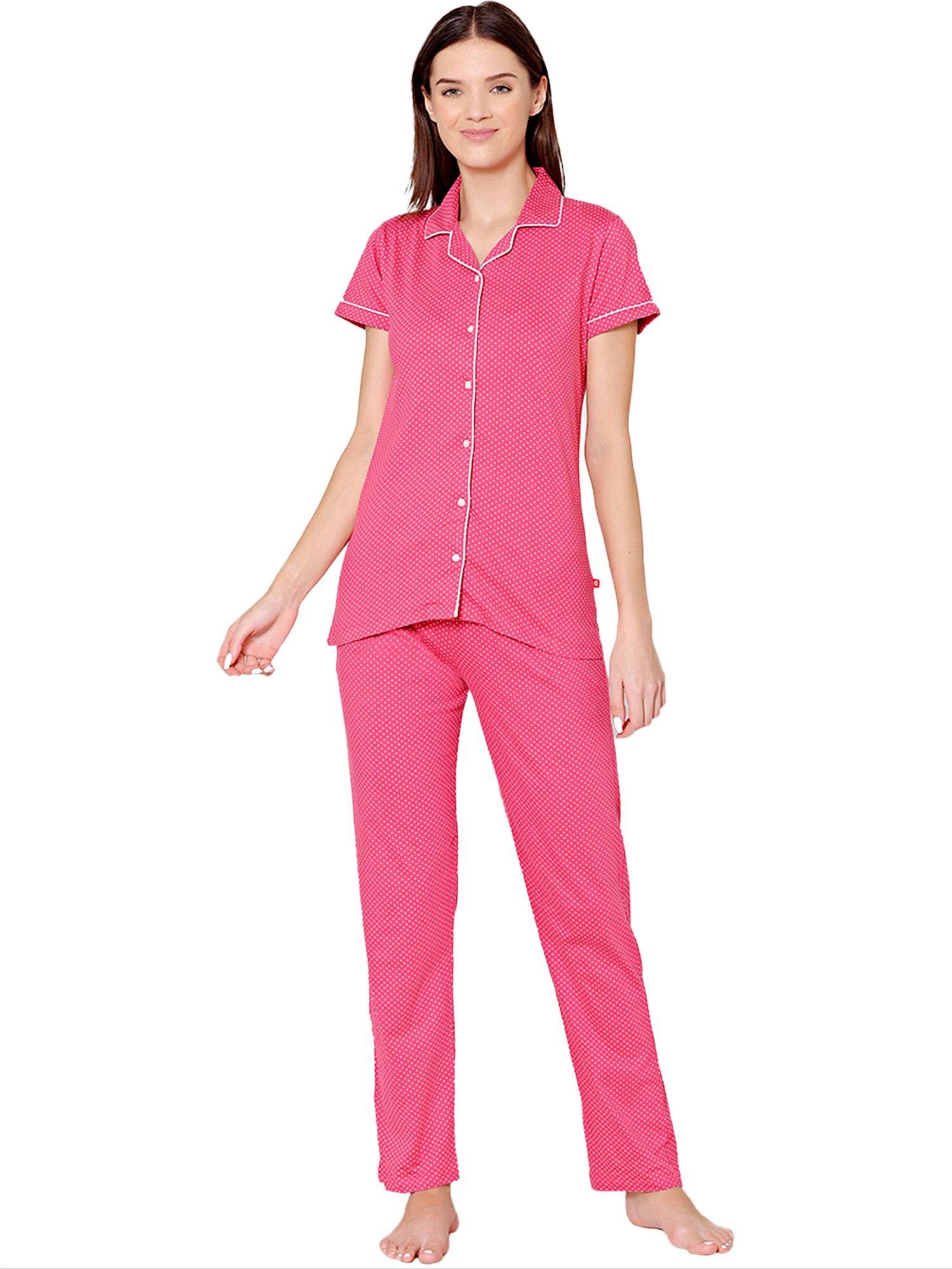 womens cotton printed night suit of shirt & pyjama -bsns18006 pink (set of 2)