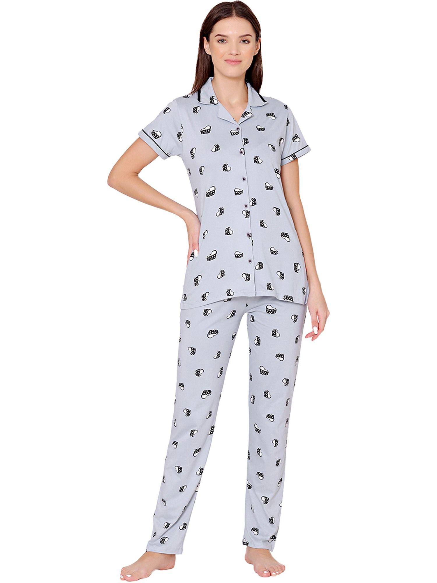 womens cotton printed night suit of shirt & pyjama -bsns18009 blue (set of 2)