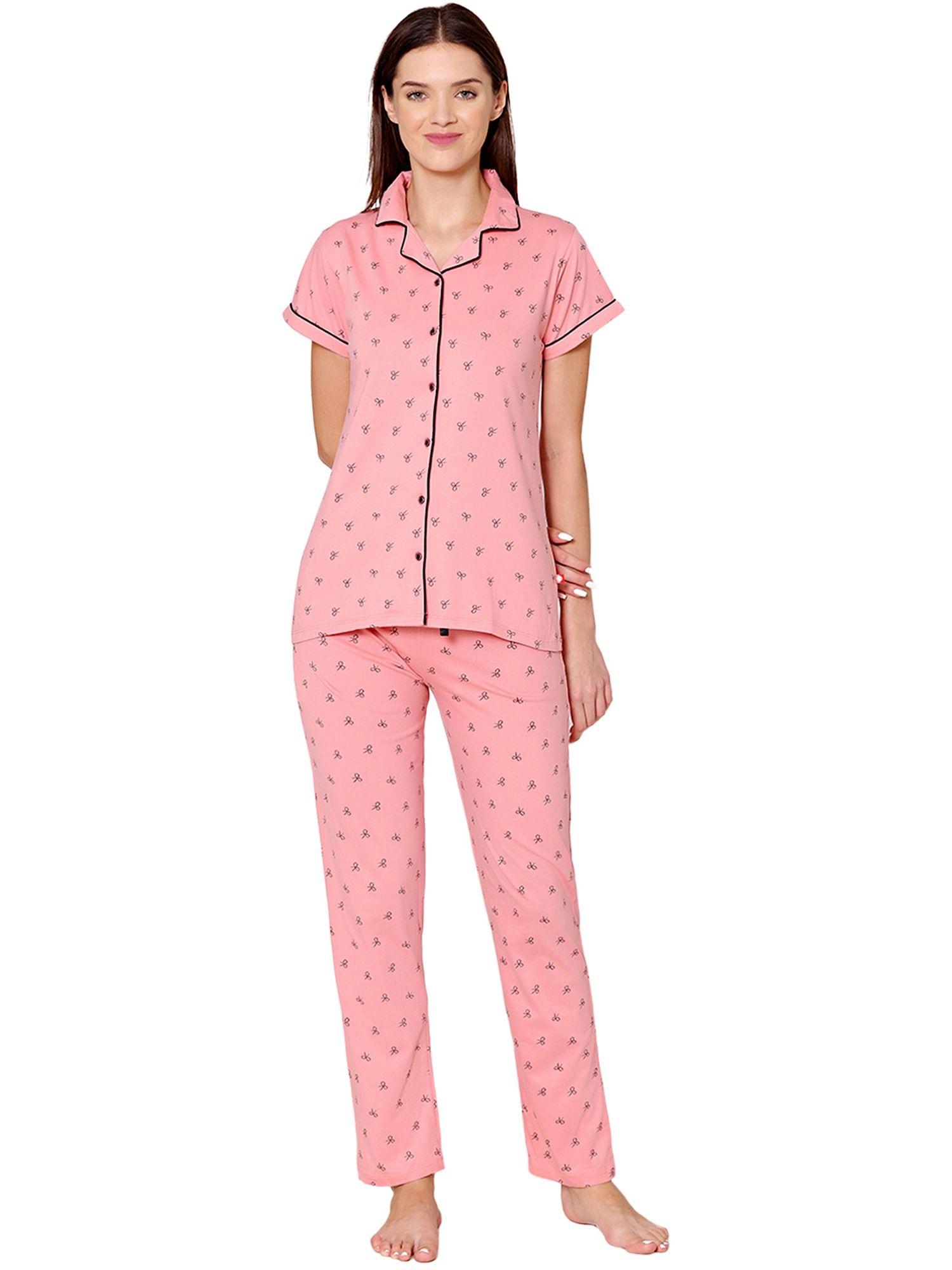 womens cotton printed night suit of shirt & pyjama -bsns18011 pink (set of 2)