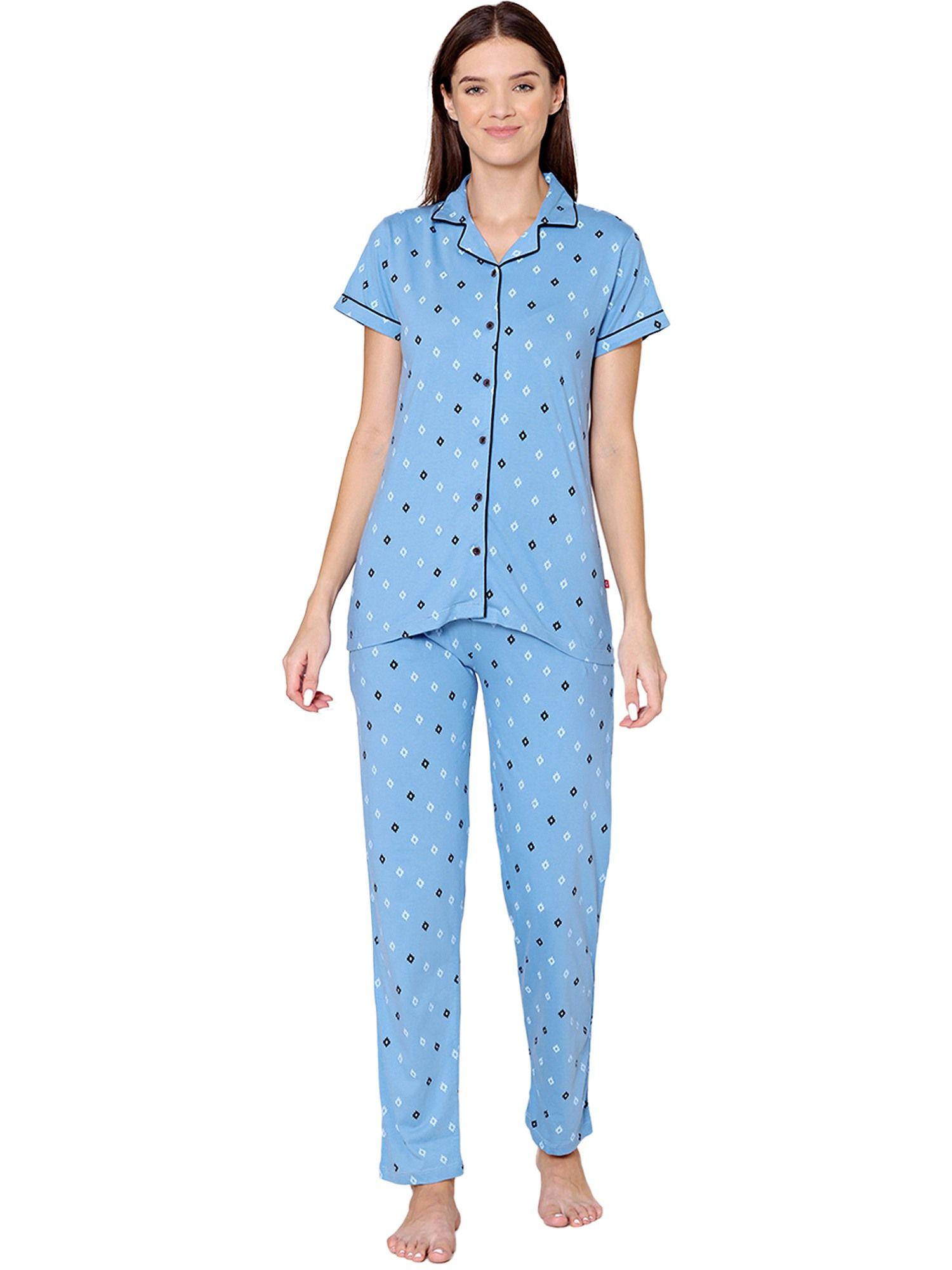 womens cotton printed night suit of shirt & pyjama -bsns18012 blue (set of 2)