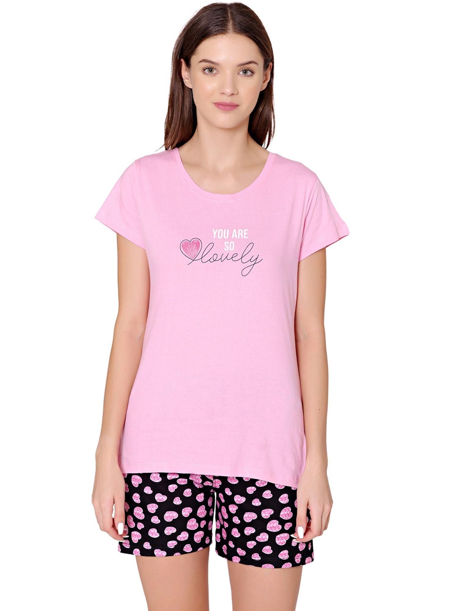 womens cotton printed night suit of t-shirt & shorts -bsss17002 pink (set of 2)