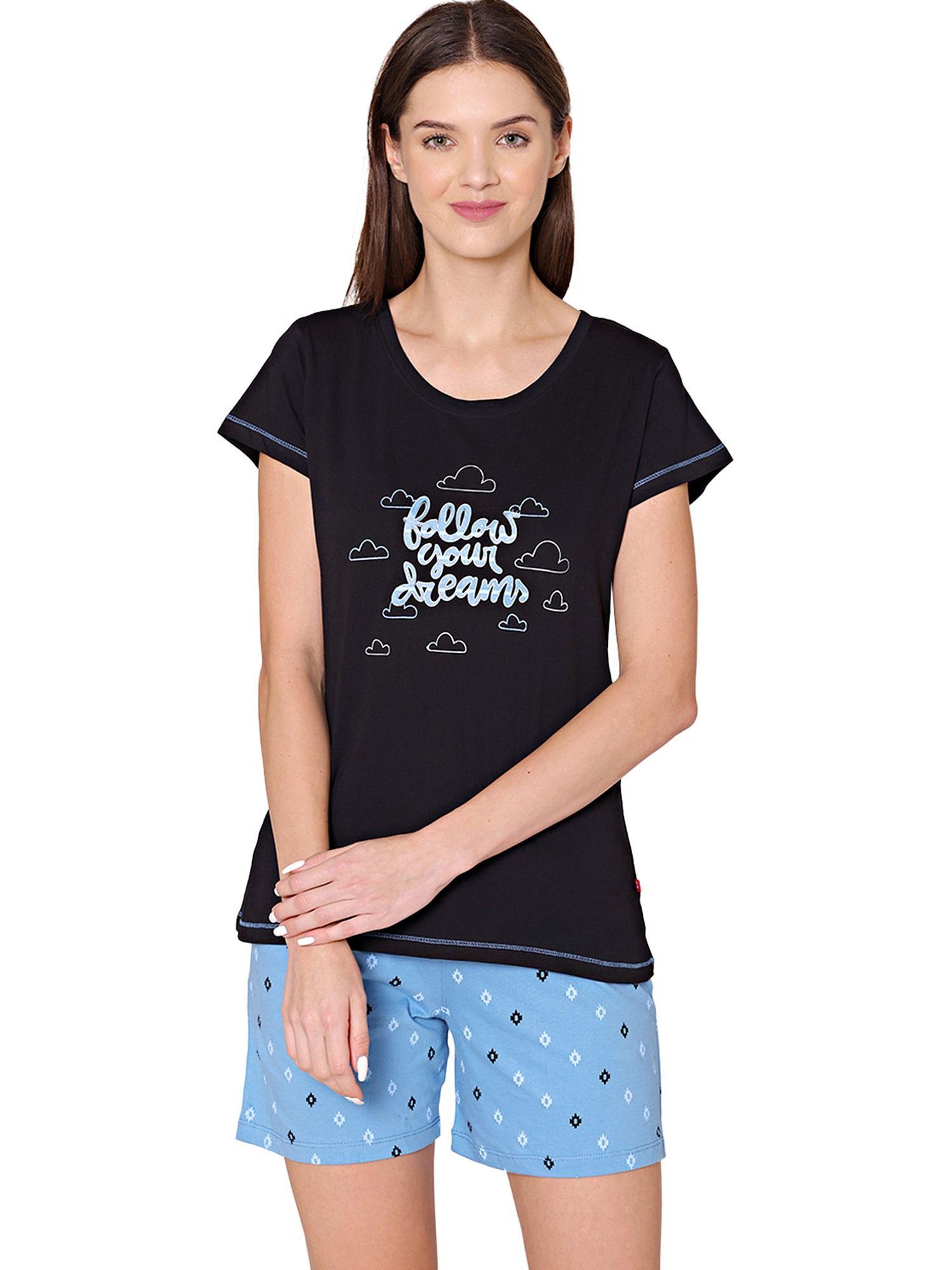 womens cotton printed night suit of t-shirt & shorts -bsss17005 black (set of 2)