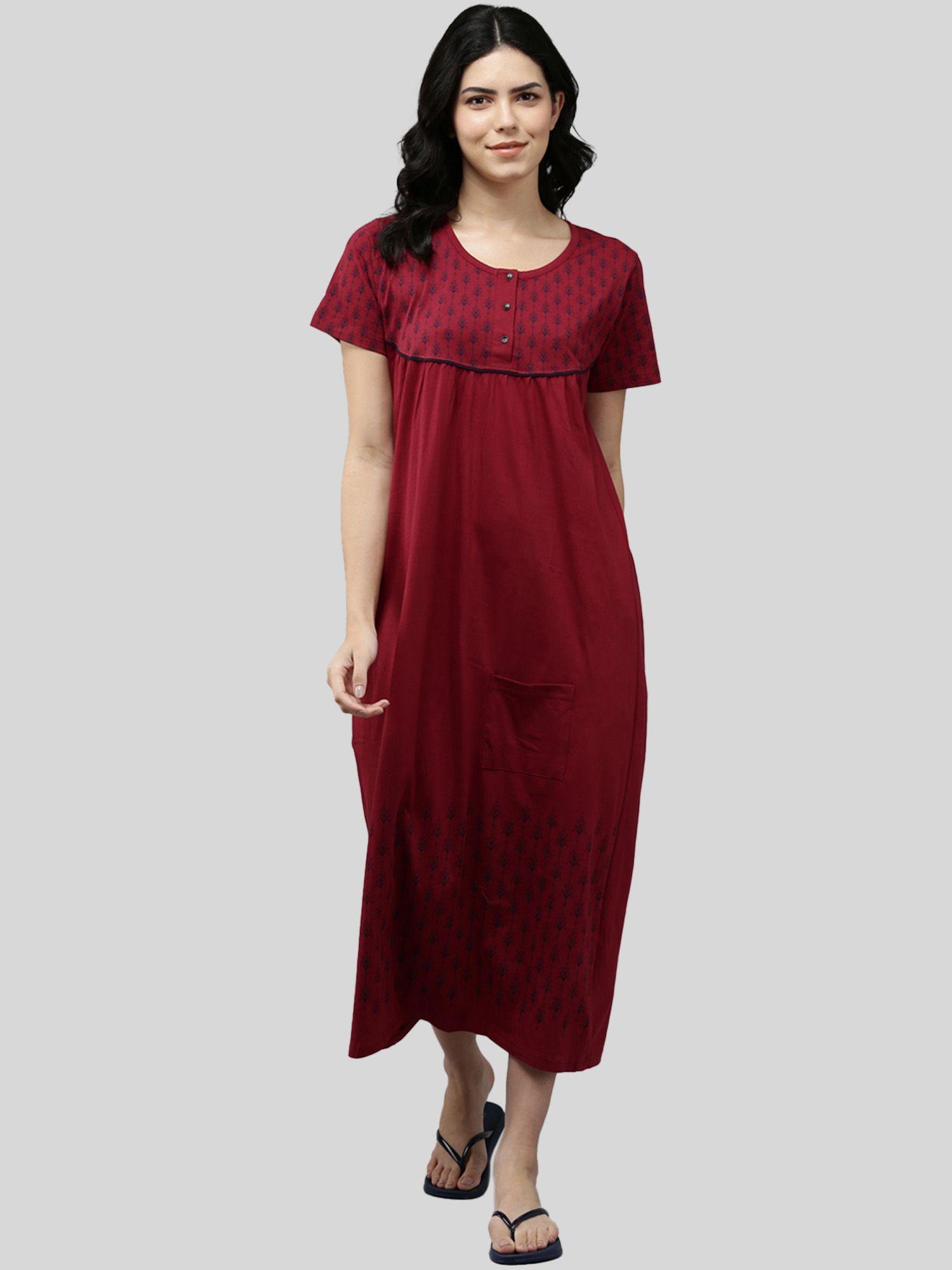 womens cotton printed short sleeves relaxed fit maxi nightdress