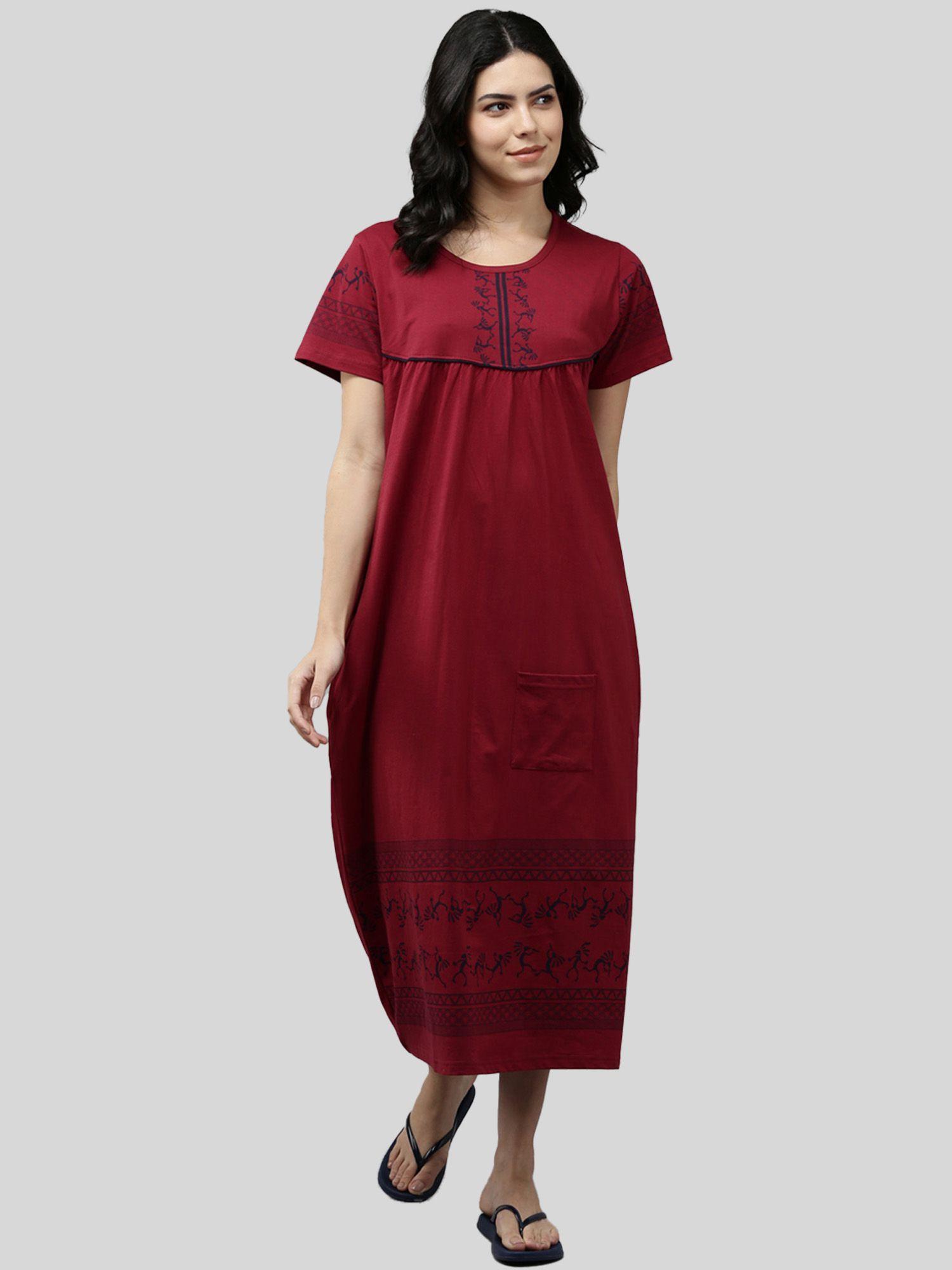 womens cotton printed short sleeves relaxed fit maxi nightdress