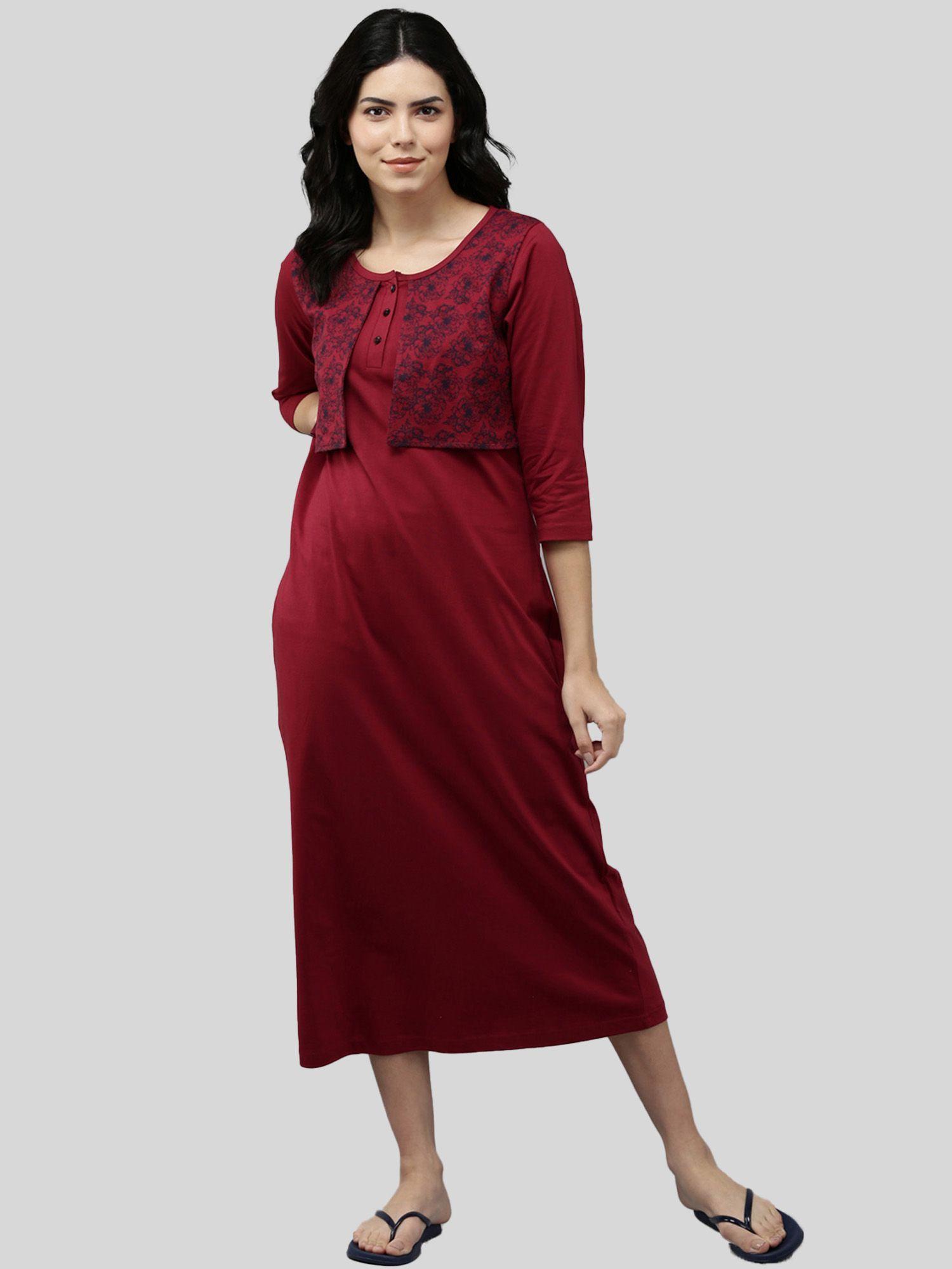 womens cotton printed three fourth sleeves relaxed fit maxi nightdress