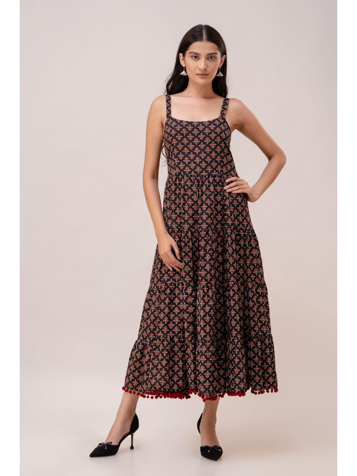 womens cotton printed tiered midi dress black