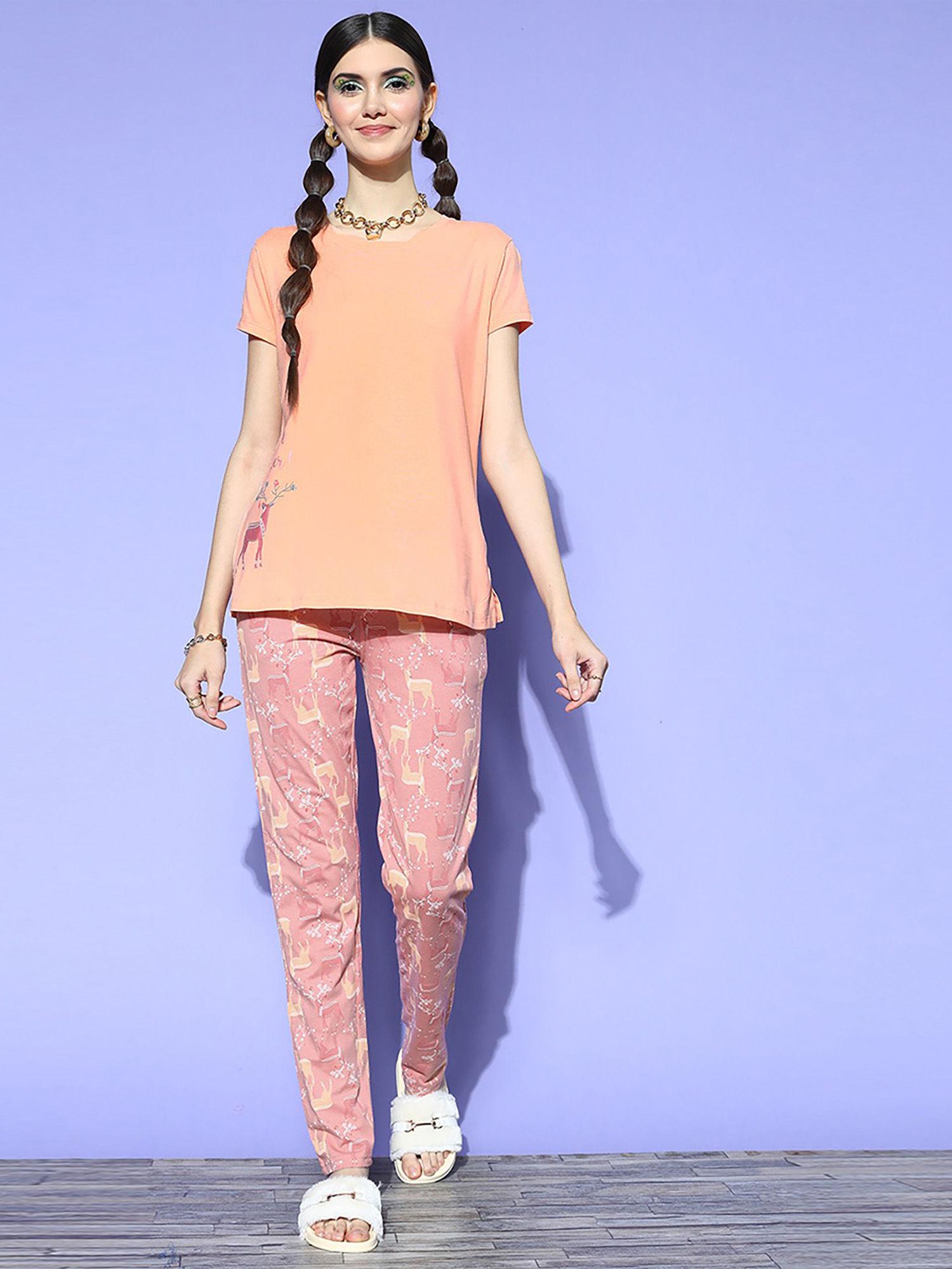 womens cotton round neck half sleeves t-shirt & pyjama peach (set of 2)