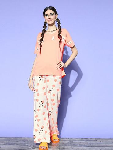womens cotton round neck half sleeves t-shirt & pyjama peach (set of 2)