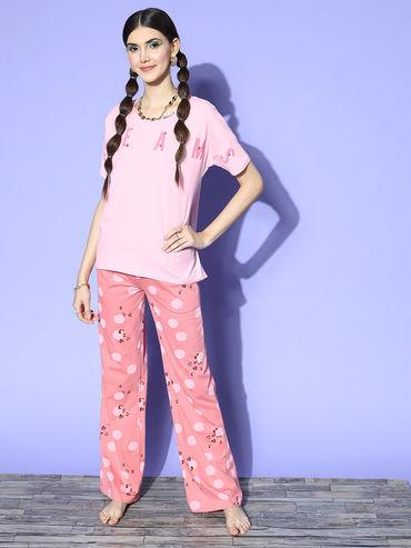 womens cotton round neck half sleeves t-shirt & pyjama pink (set of 2)