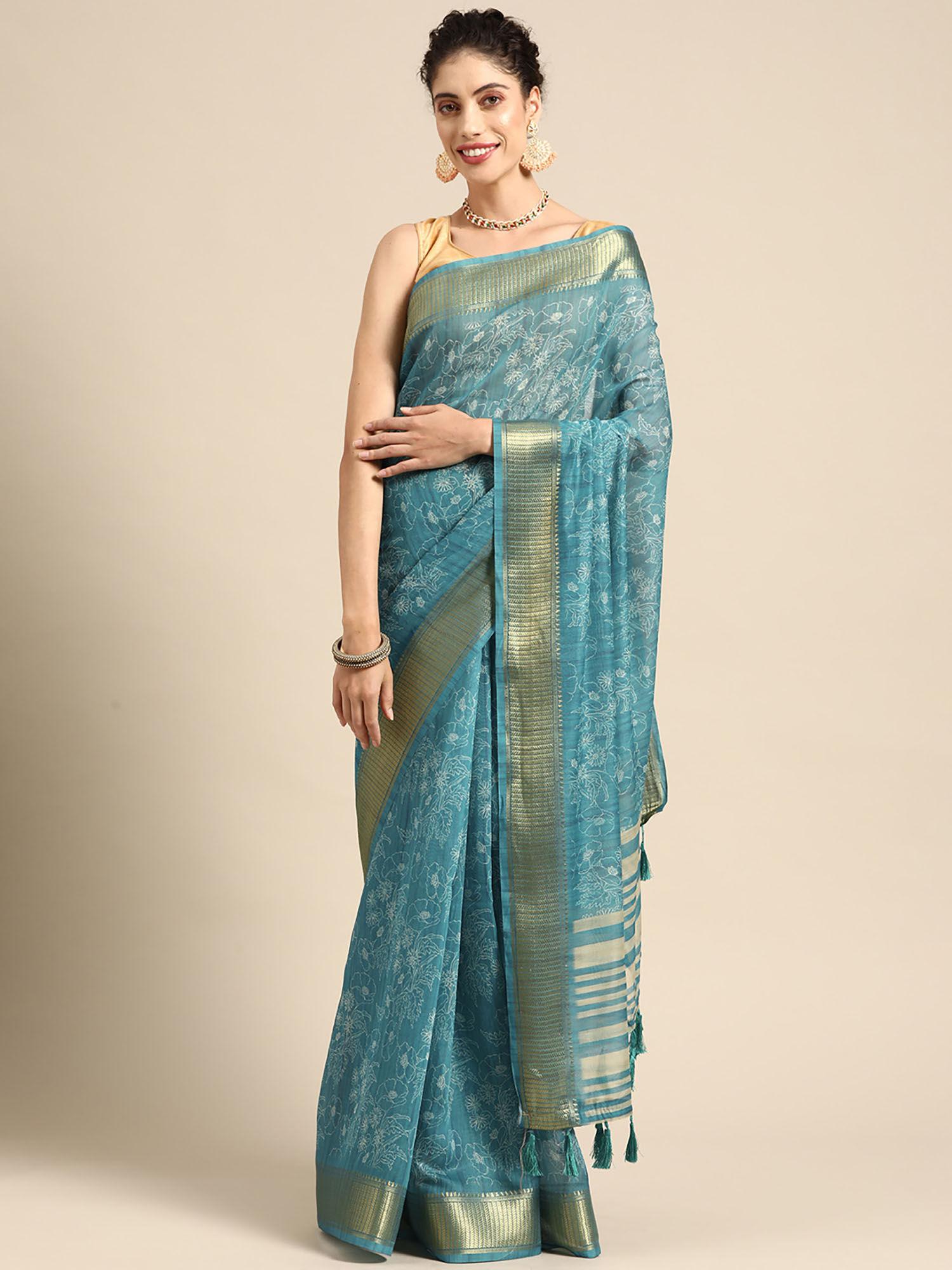 womens cotton silk digital print saree - teal with unstitched blouse