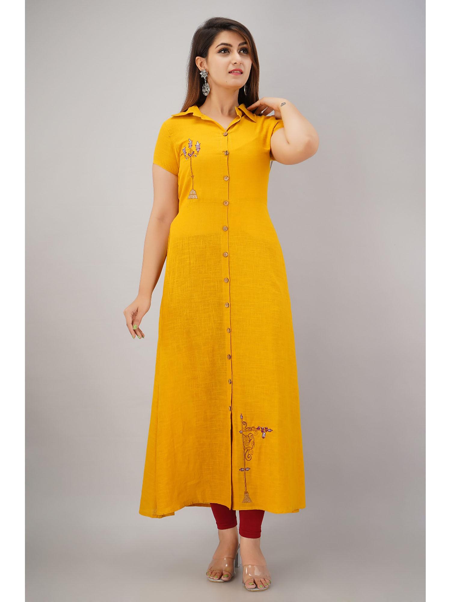 womens cotton slub embroidered a-line kurta mustard