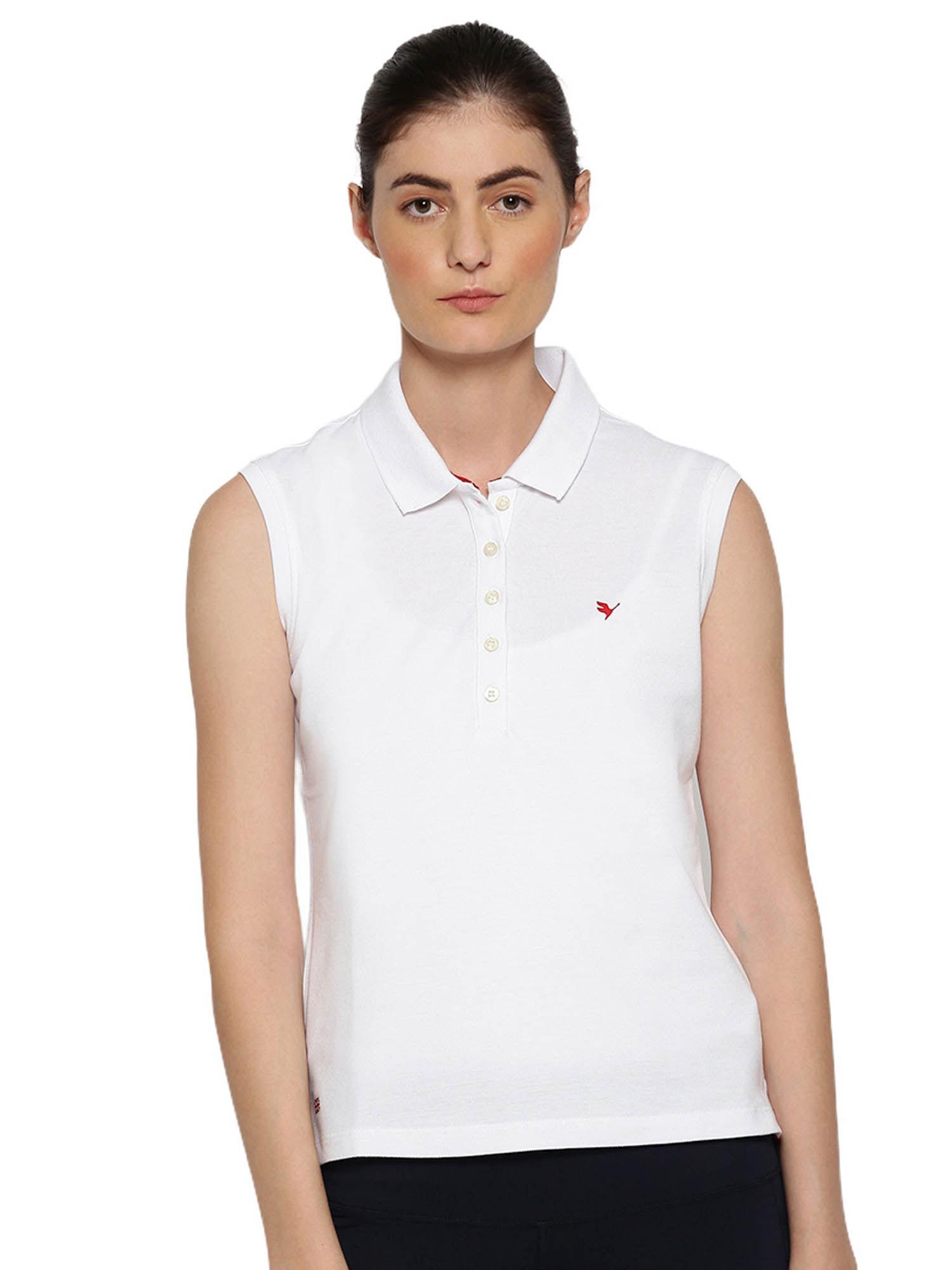 womens cotton solid sleeveless polo t-shirts white