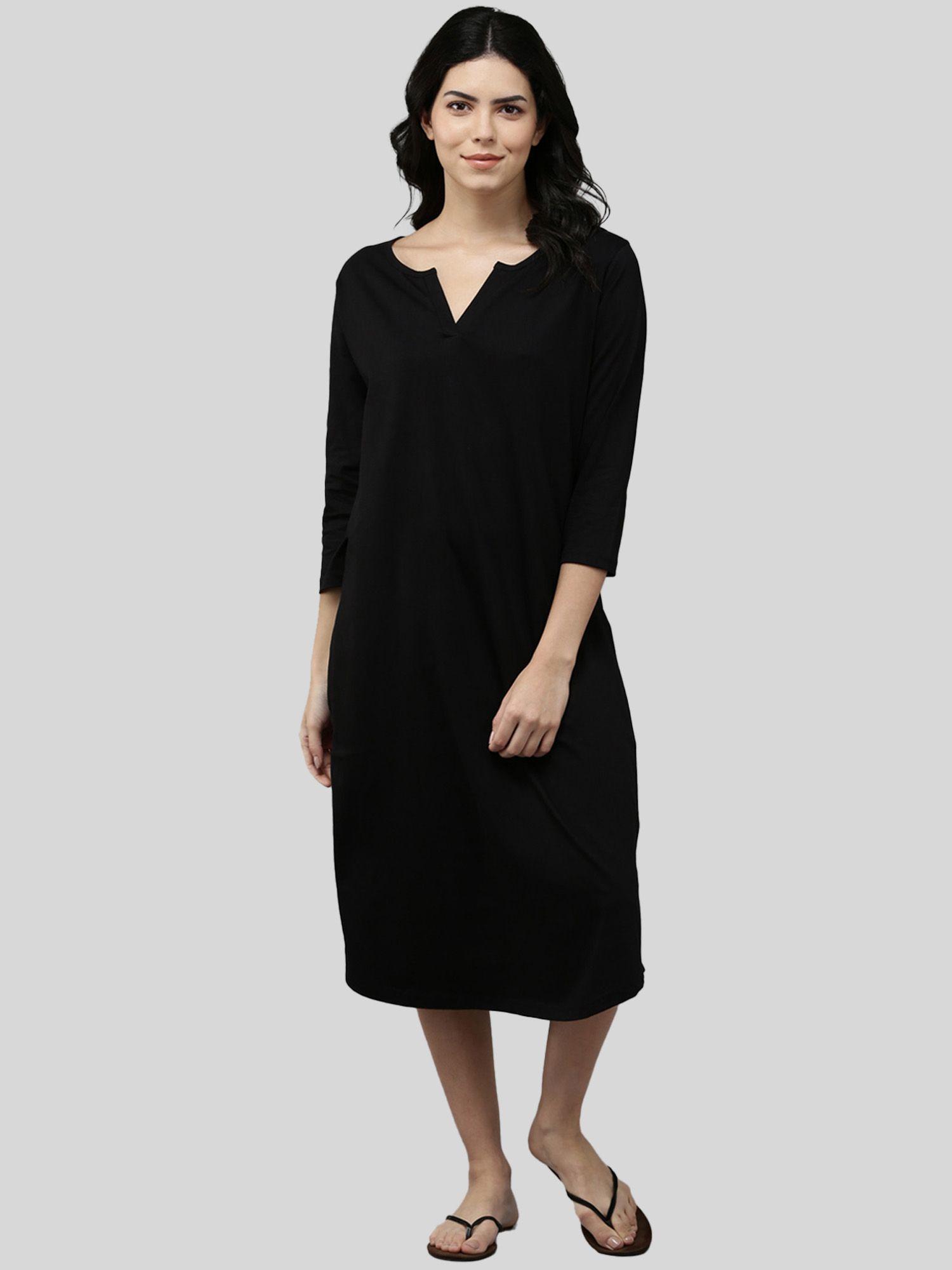 womens cotton solid three fourth sleeves relaxed fit maxi nightdress