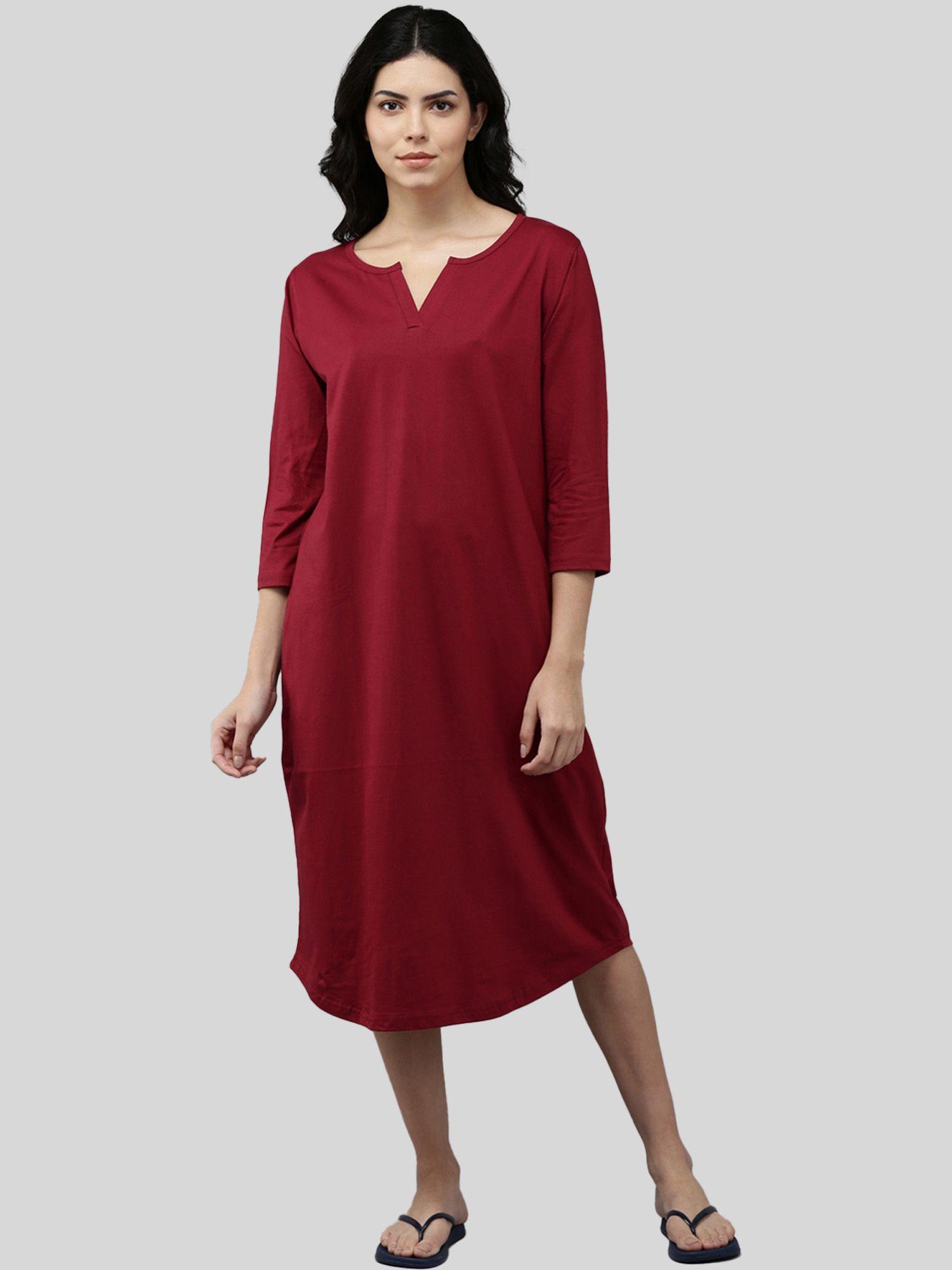 womens cotton solid three fourth sleeves relaxed fit maxi nightdress