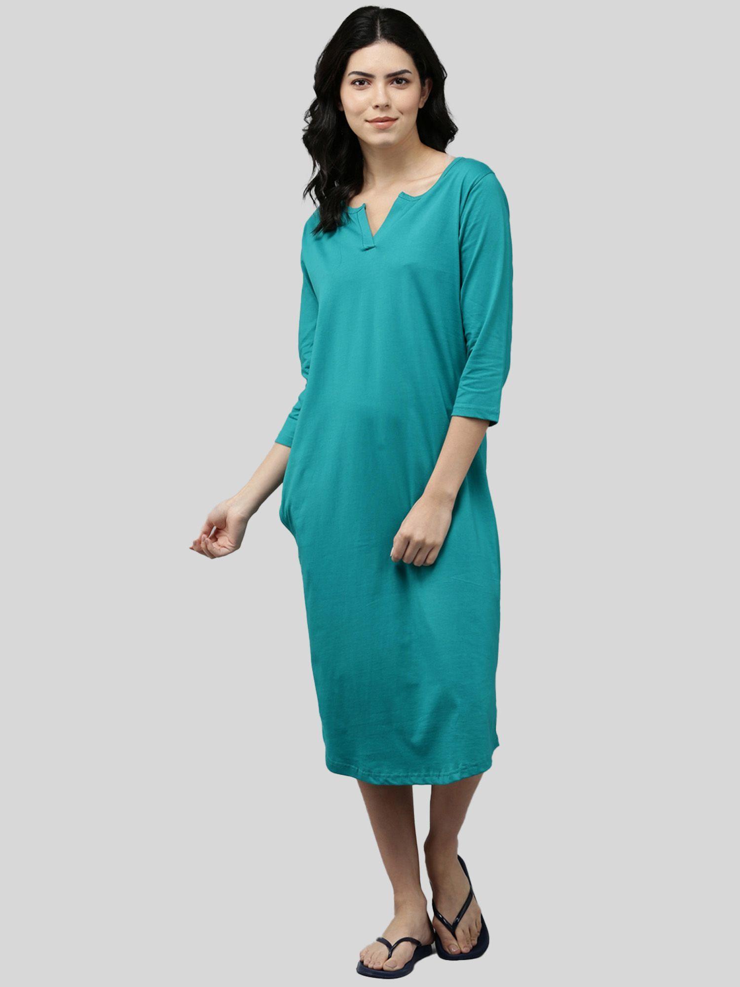 womens cotton solid three fourth sleeves relaxed fit maxi nightdress