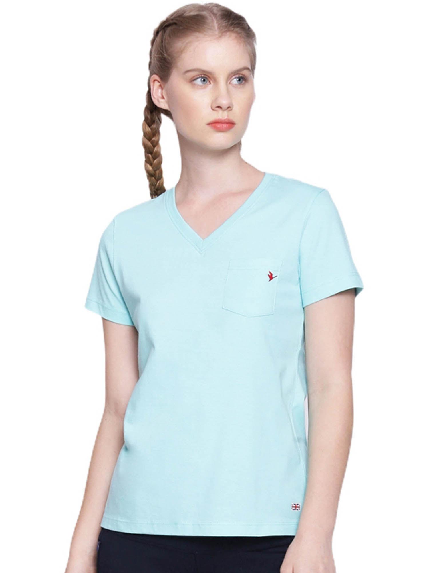 womens cotton solid v-neck half sleeve t-shirts blue