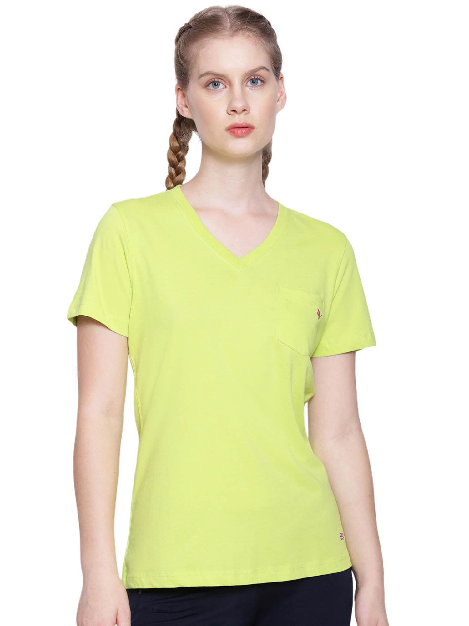 womens cotton solid v-neck half sleeve t-shirts green