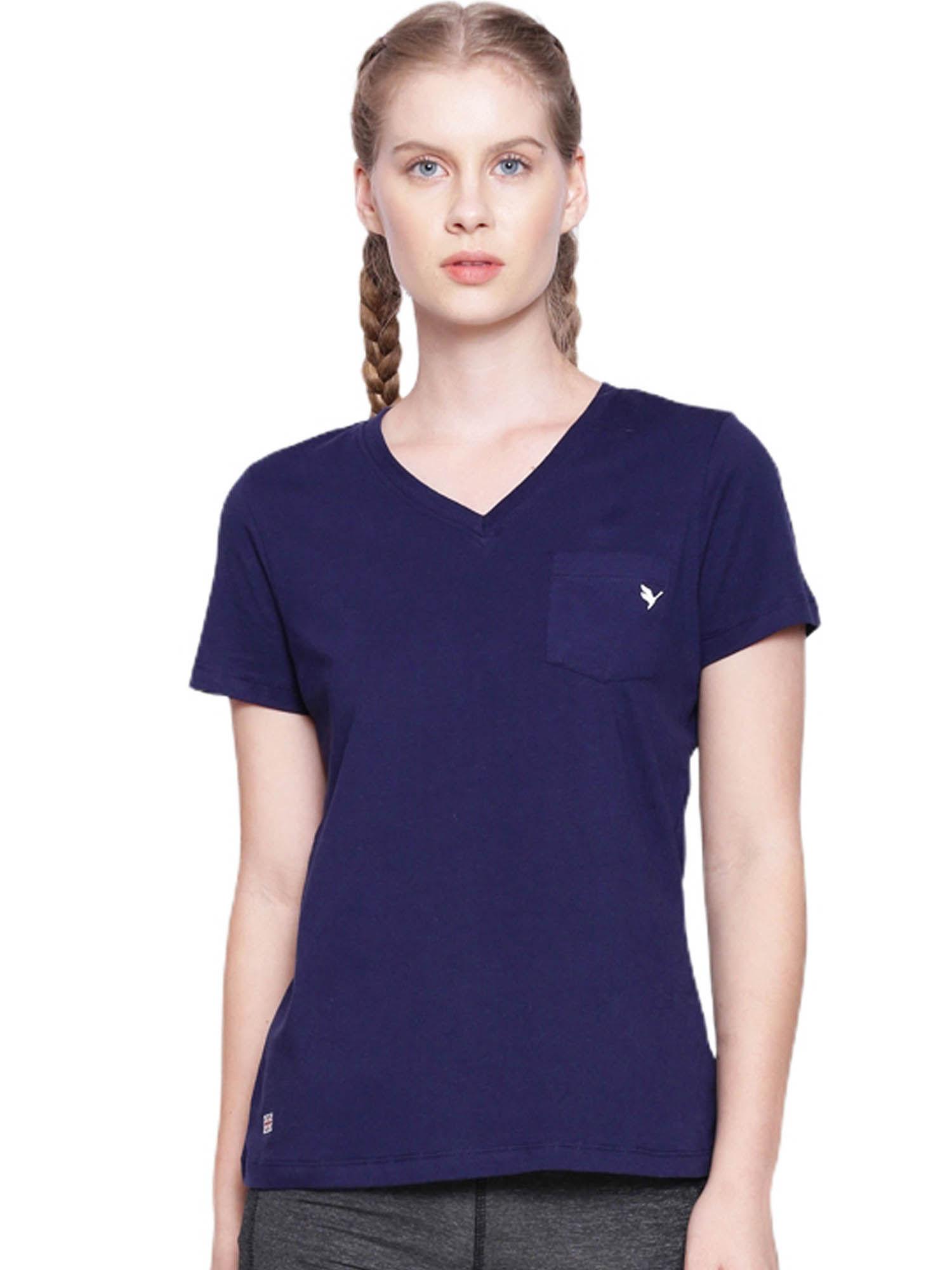 womens cotton solid v-neck half sleeve t-shirts navy blue