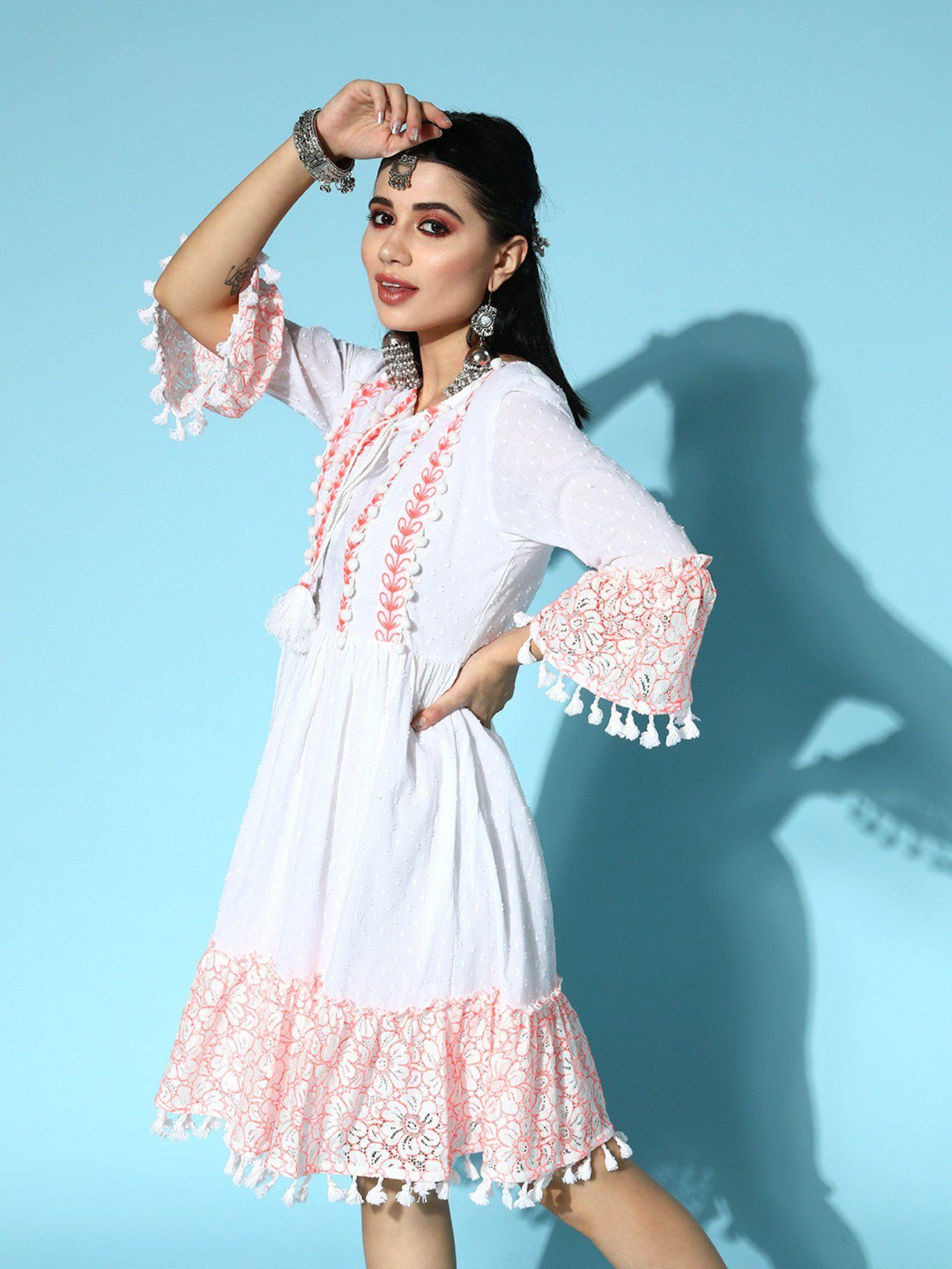 womens cotton white embroidered a-line dress