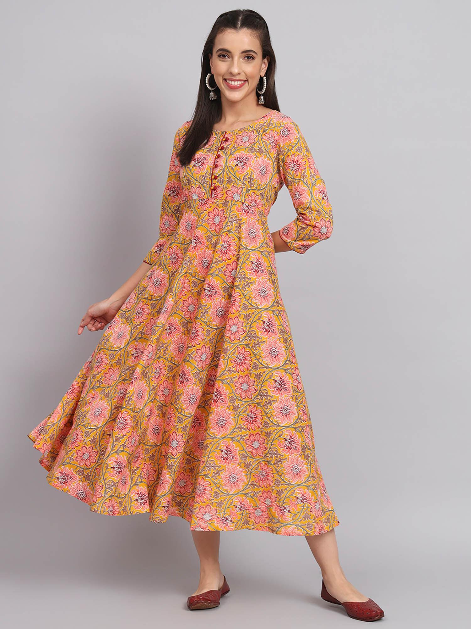womens cotton yellow floral printed flared dress