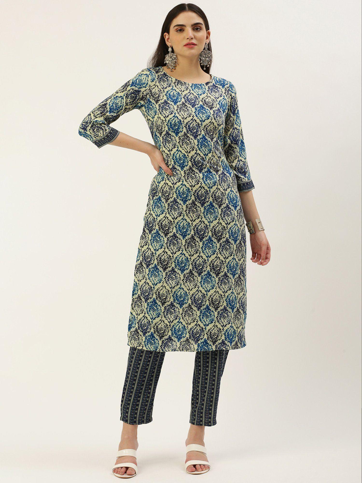 womens cream & blue rayon block printed straight kurta with pant (set of 2)