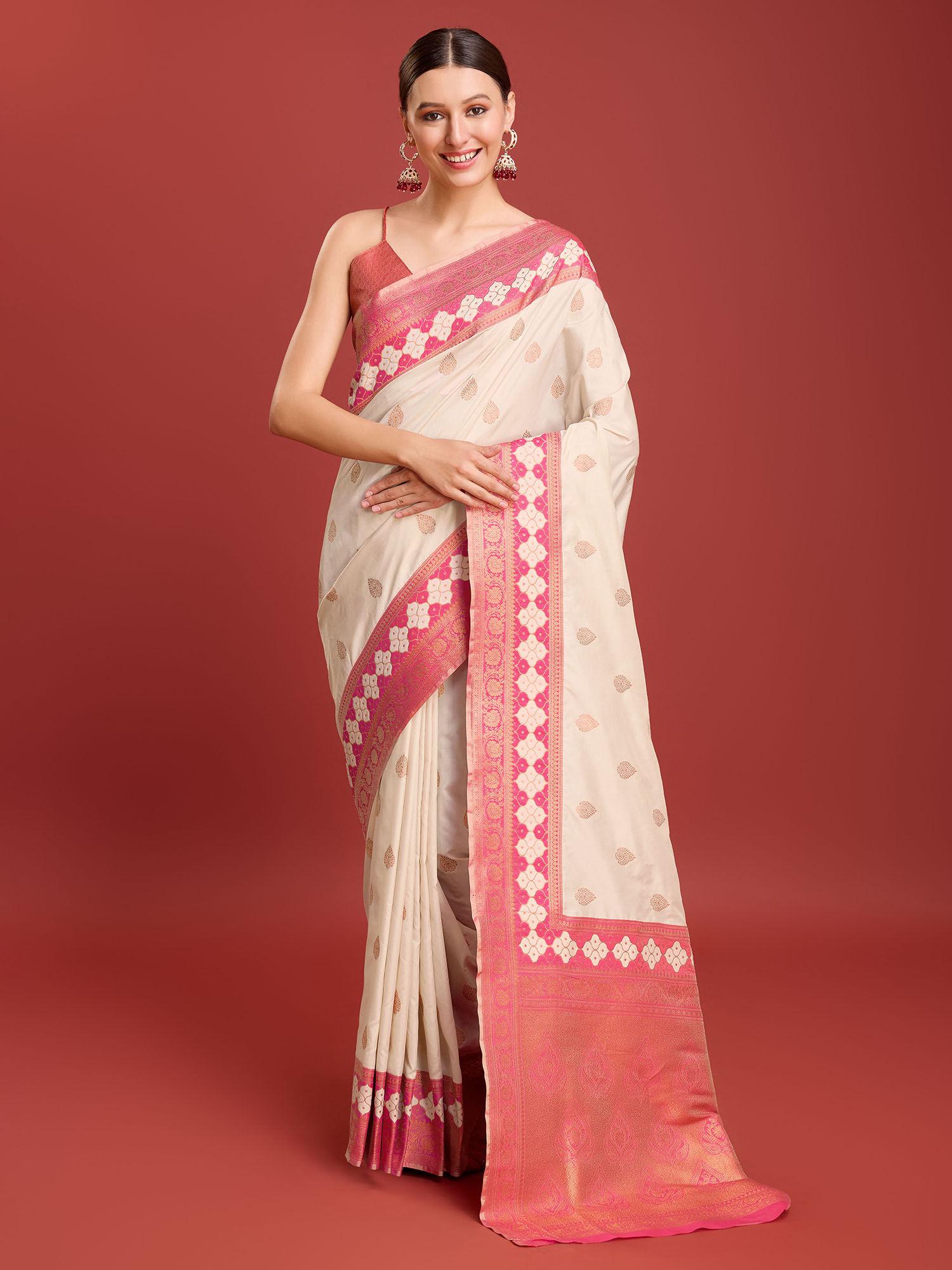 womens cream color banarasi silk saree with unstitched blouse piece