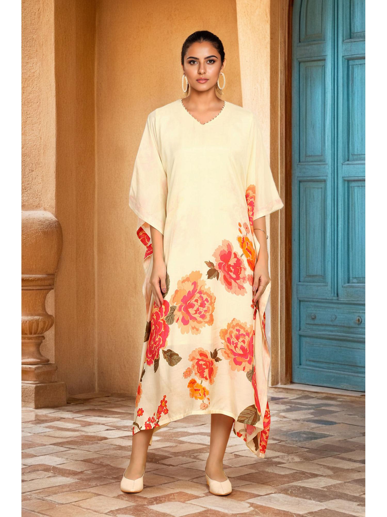 womens cream floral cotton kaftan dress