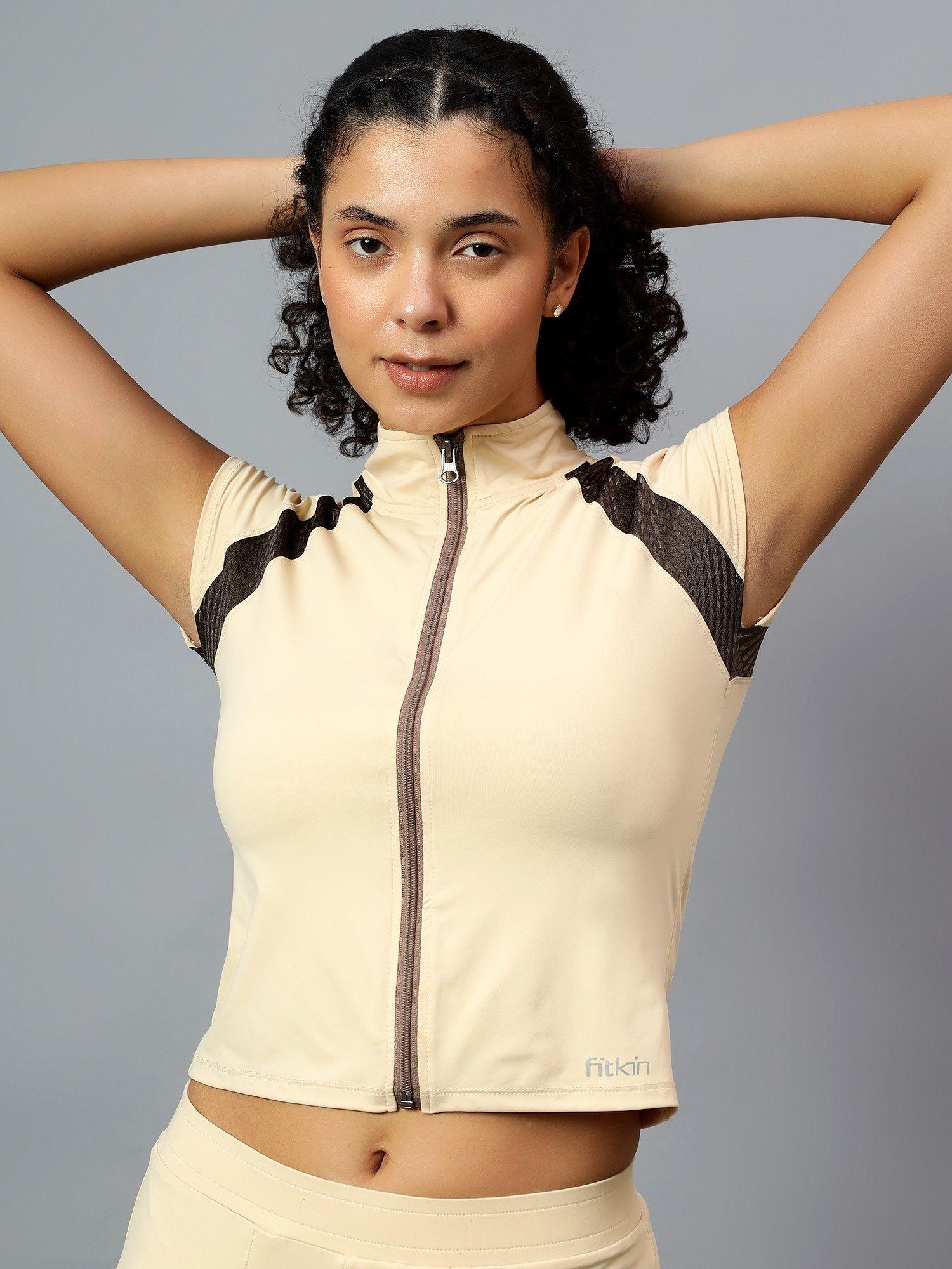 womens cream front open front zip t-shirt