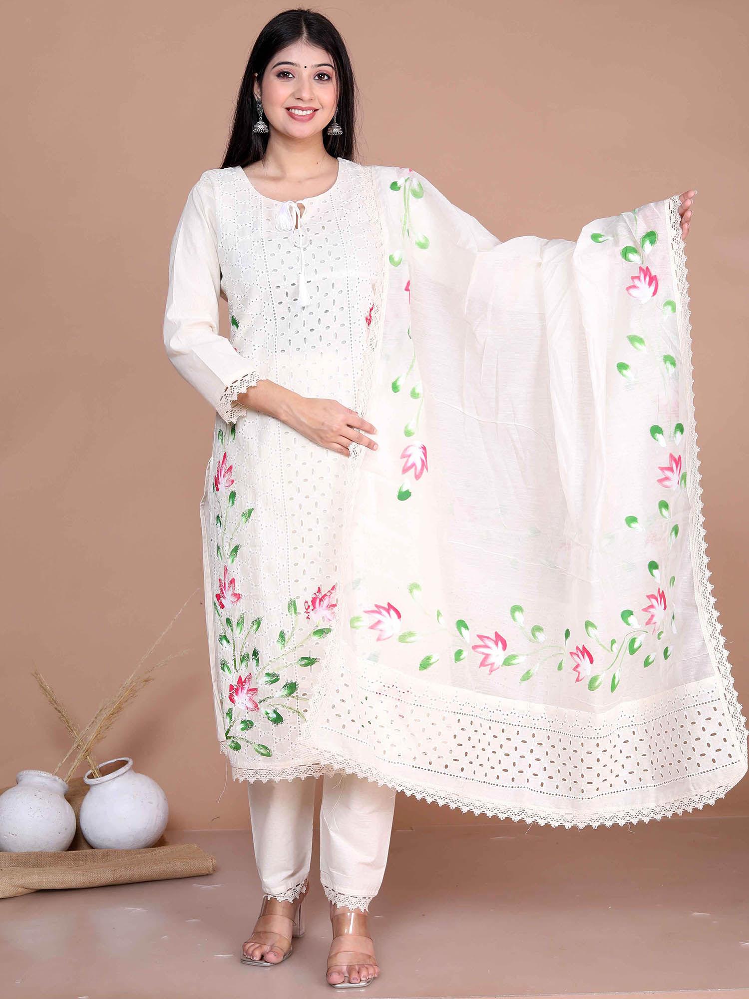 womens cream hand block cotton pakistani kurta with salwar & dupatta (set of 3)