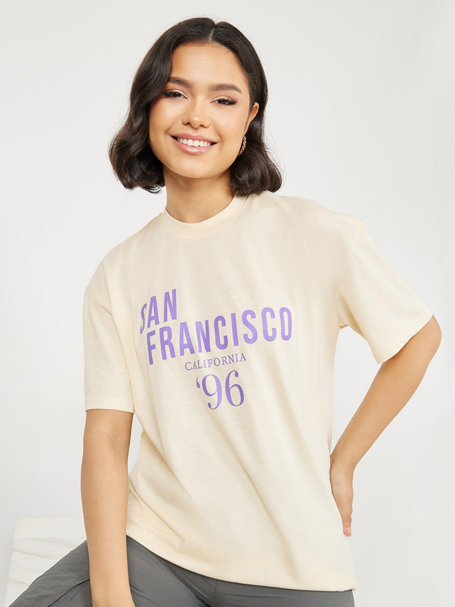 womens cream san francisco print round neck short sleeve oversized cotton t-shirt