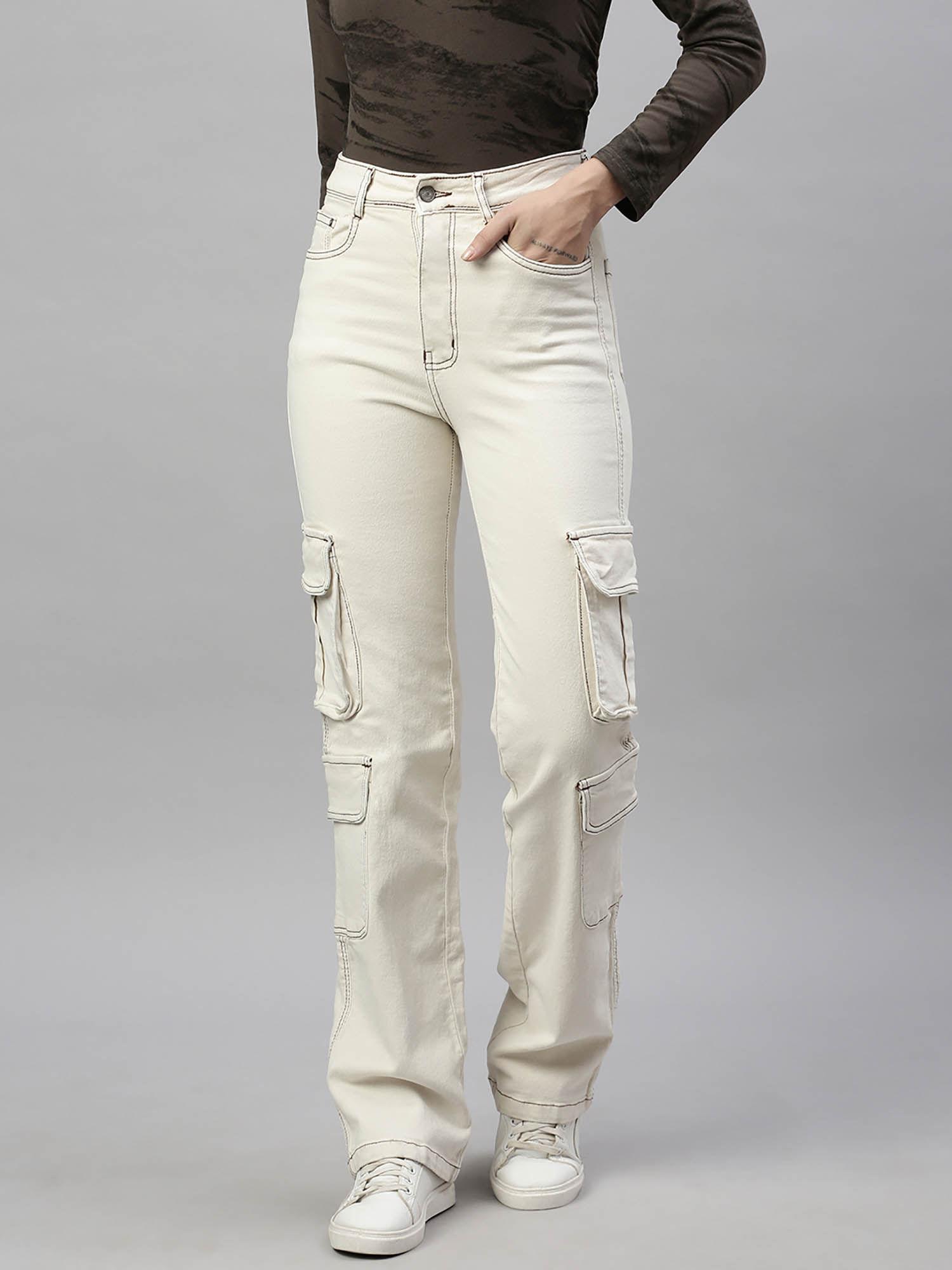 womens cream stretchable straight fit jeans