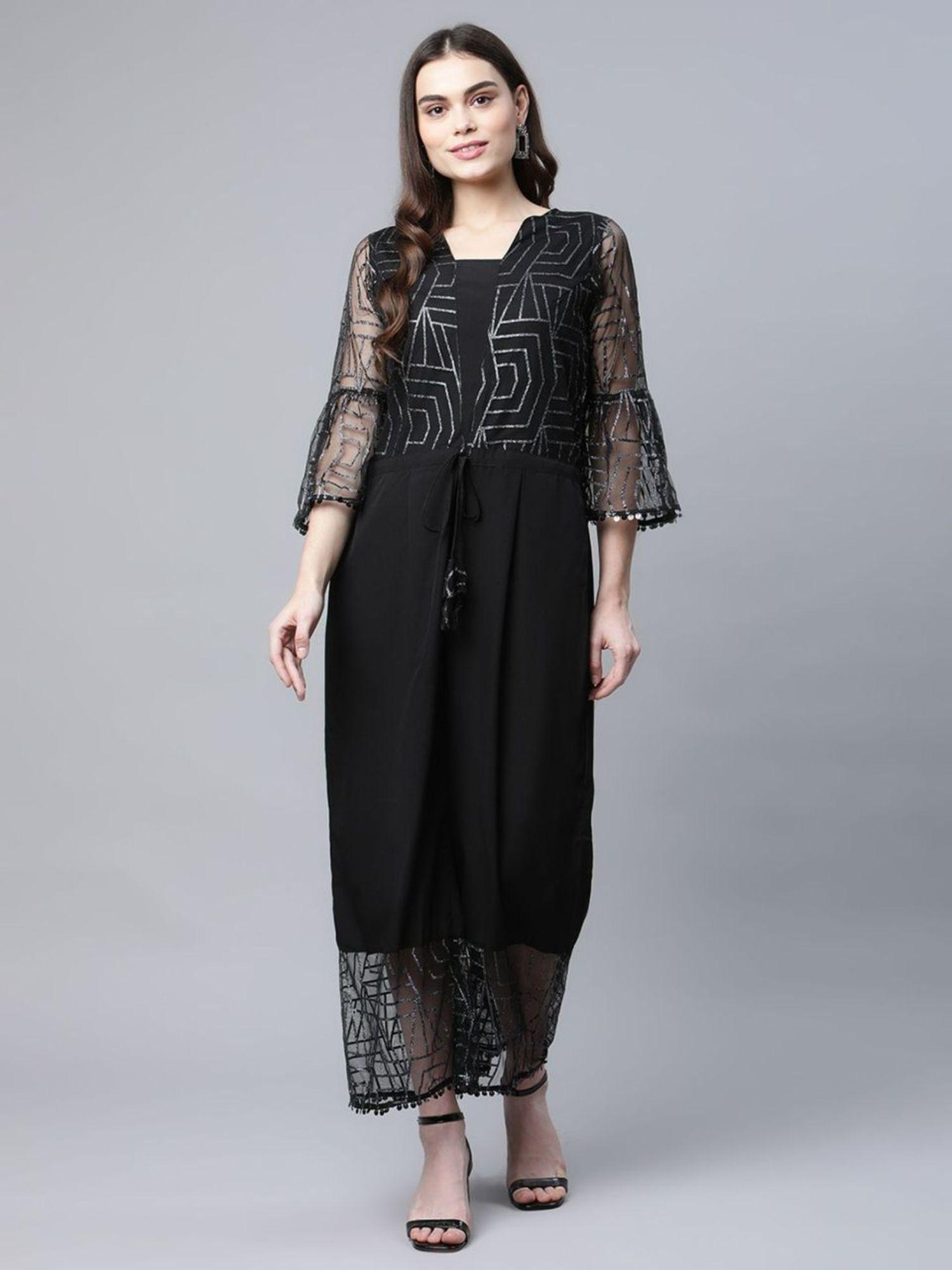 womens crepe & net black printed jumpsuit