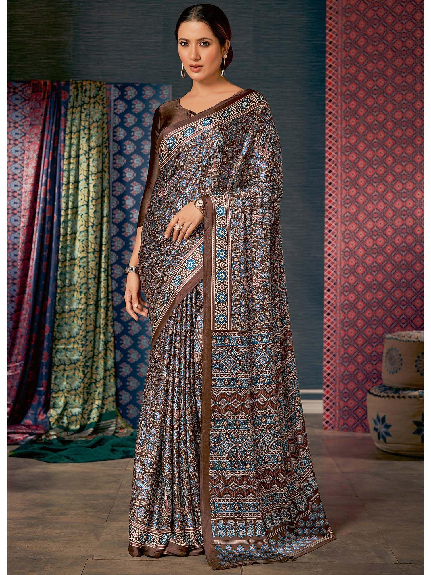 womens crepe brown digital print designer saree with unstitched blouse