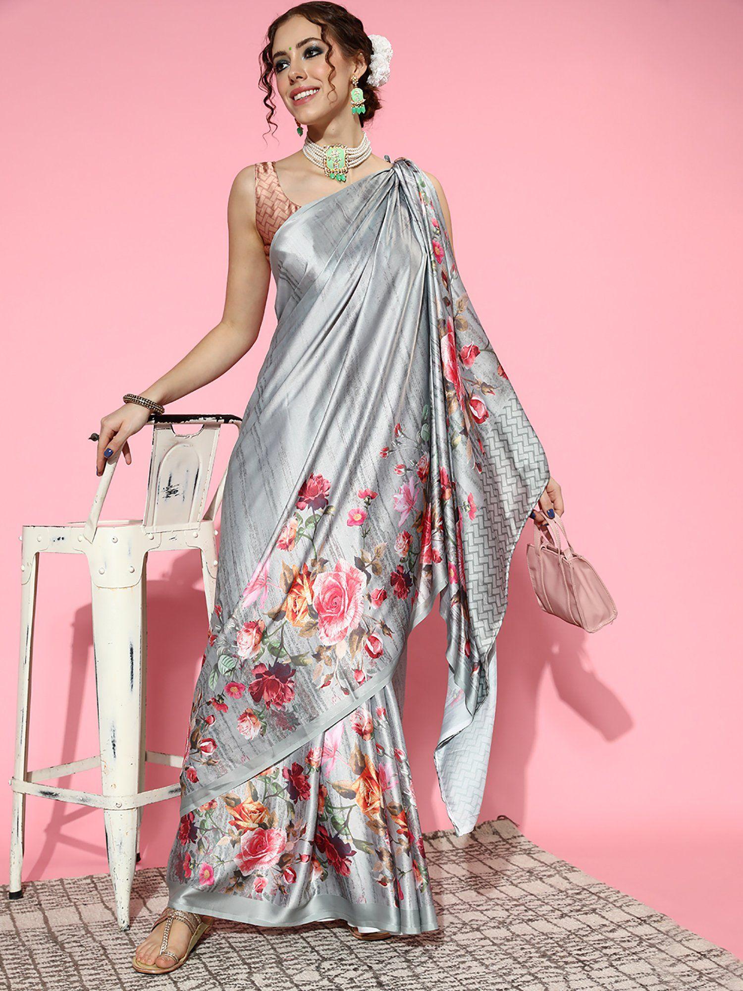 womens crepe grey digital print designer saree with unstitched blouse