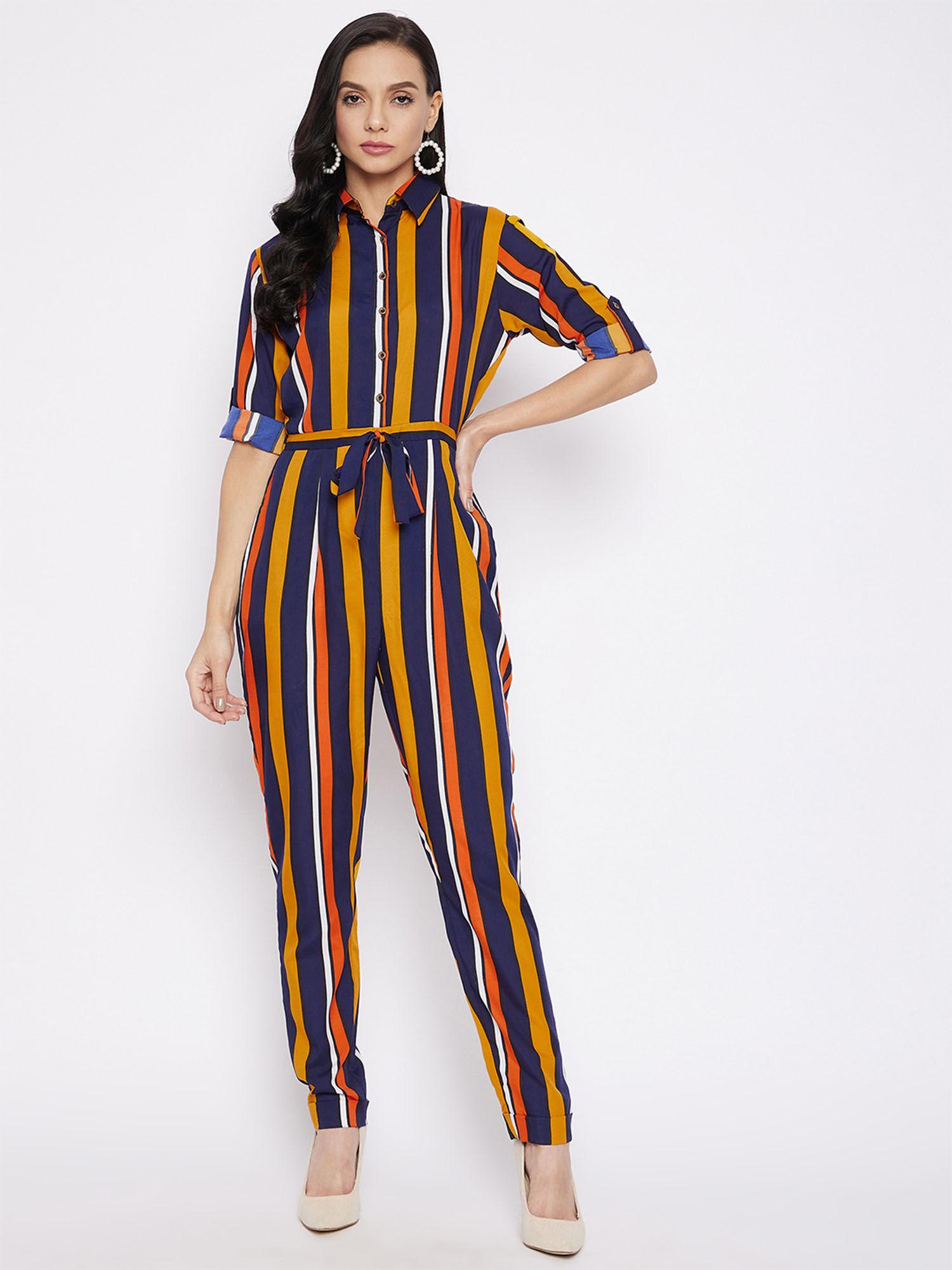 womens crepe striped roll up jumpsuit
